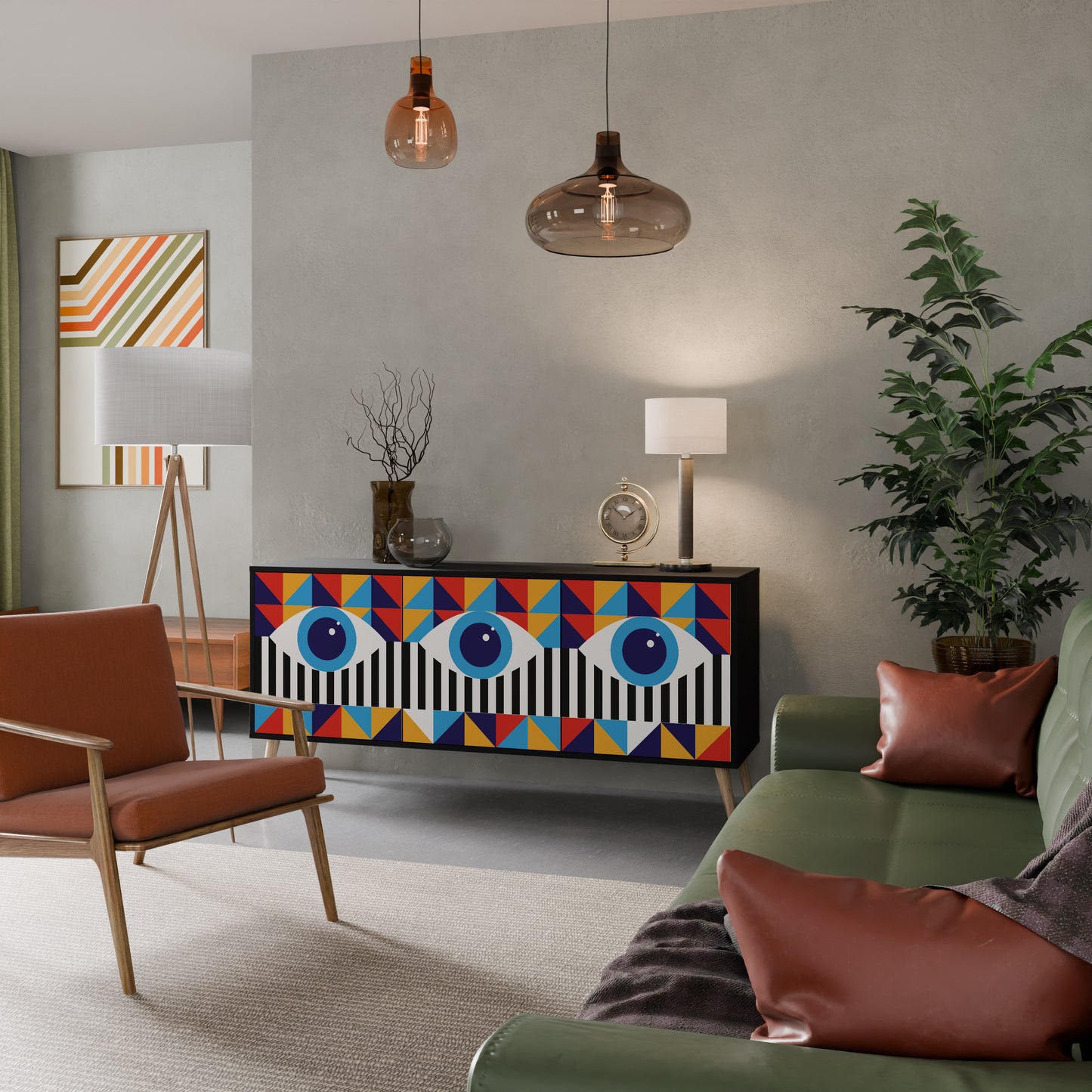 ABSTRAKTION OCH GEOMETRI 3-dörrars skänk i svart finish