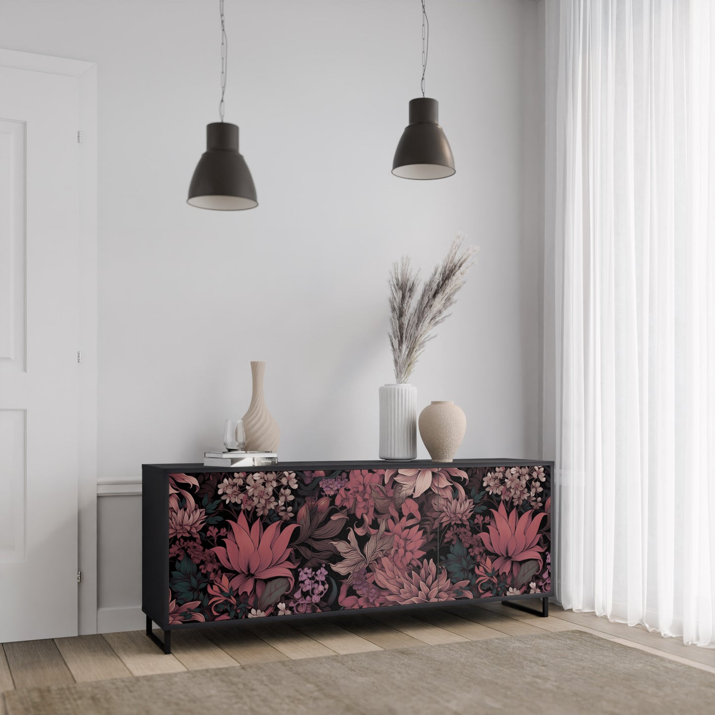 FLORAL WHISPER 3-dörrars skänk i svart finish