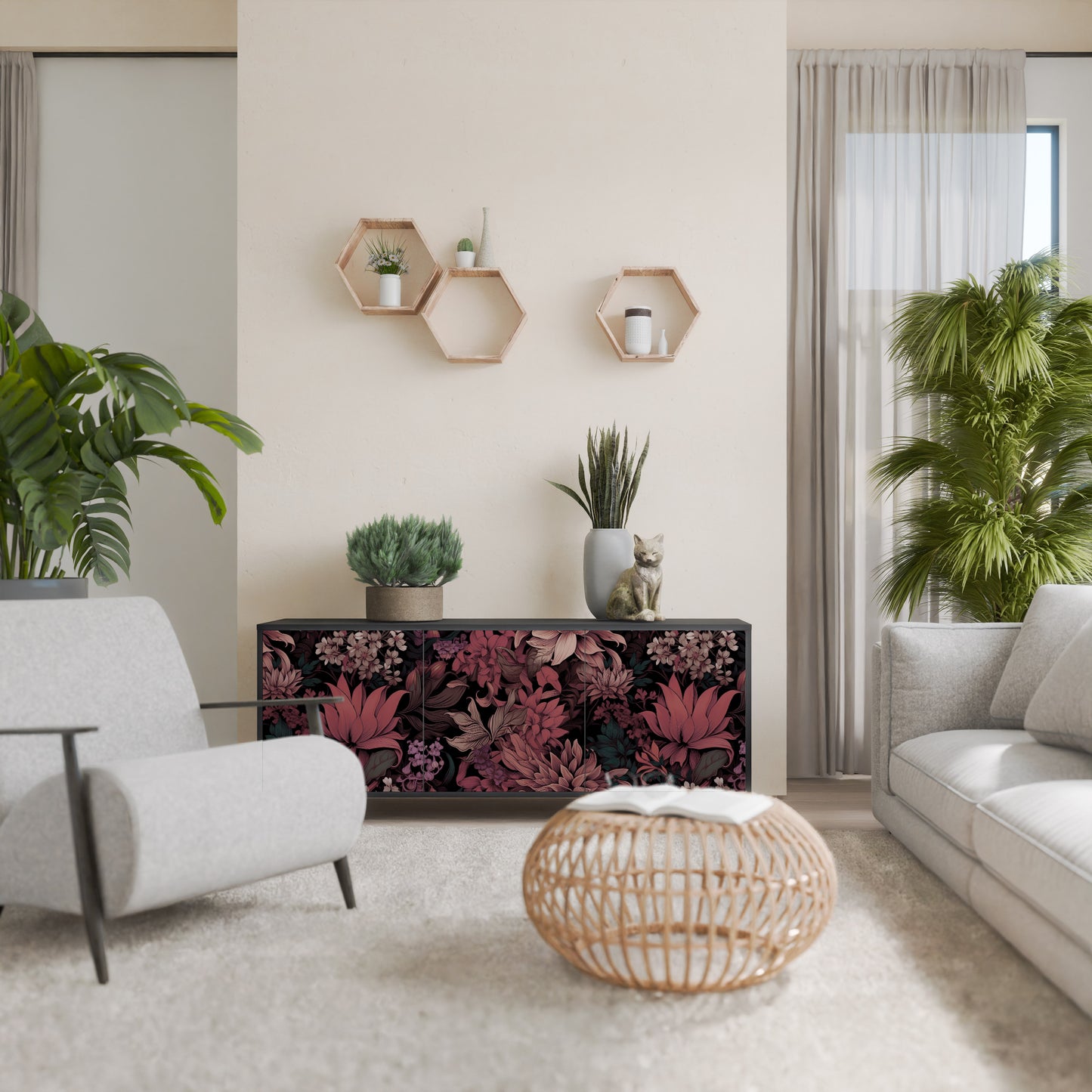 FLORAL WHISPER 3-dörrars skänk i svart finish