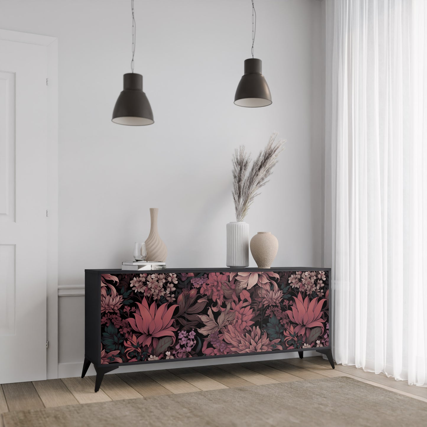 FLORAL WHISPER 3-dörrars skänk i svart finish