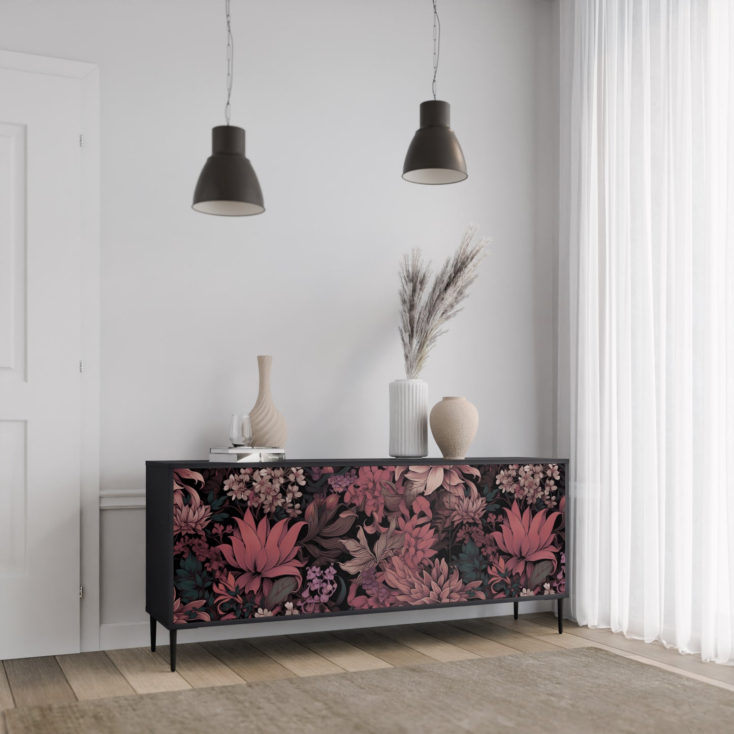 FLORAL WHISPER 3-dörrars skänk i svart finish