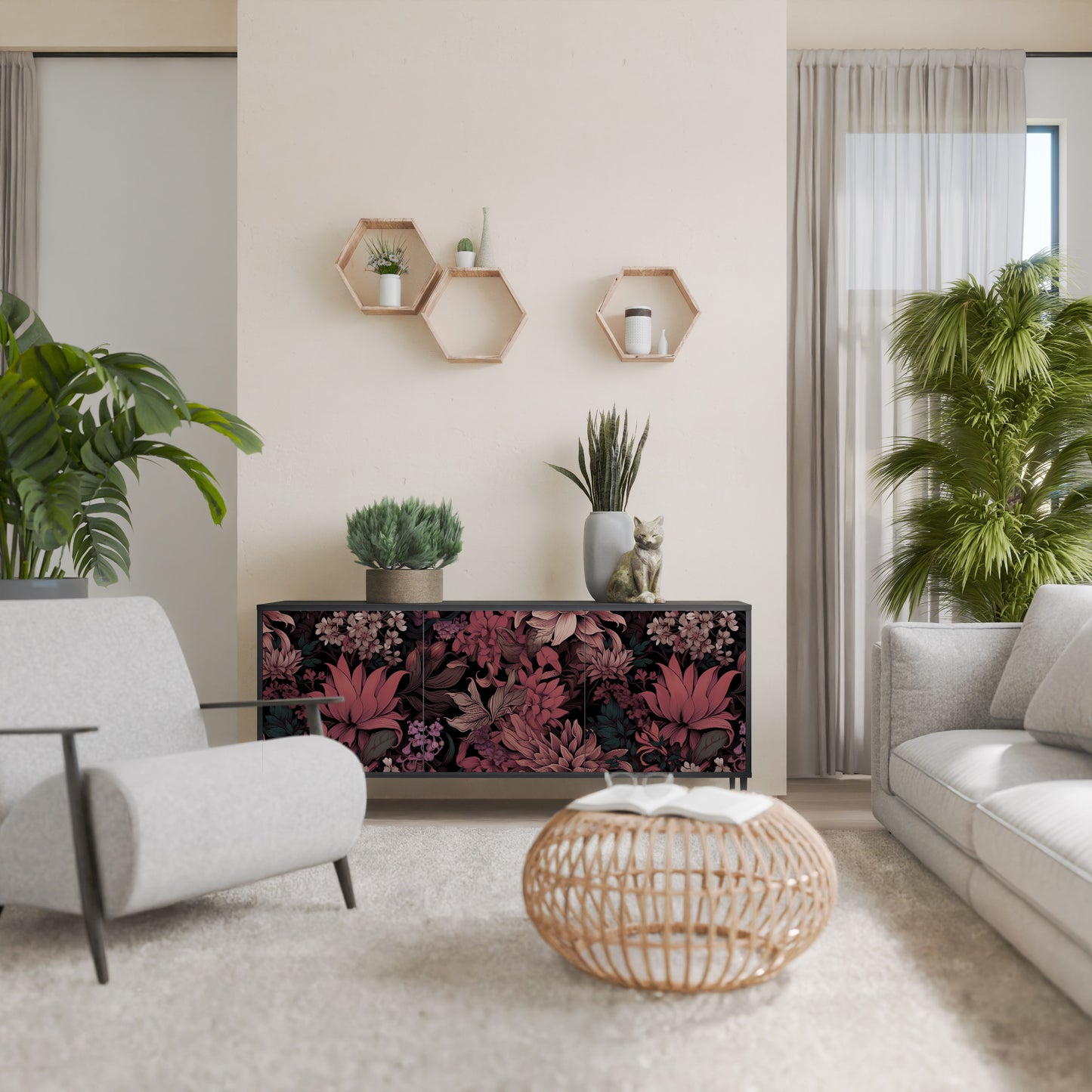 FLORAL WHISPER 3-dörrars skänk i svart finish