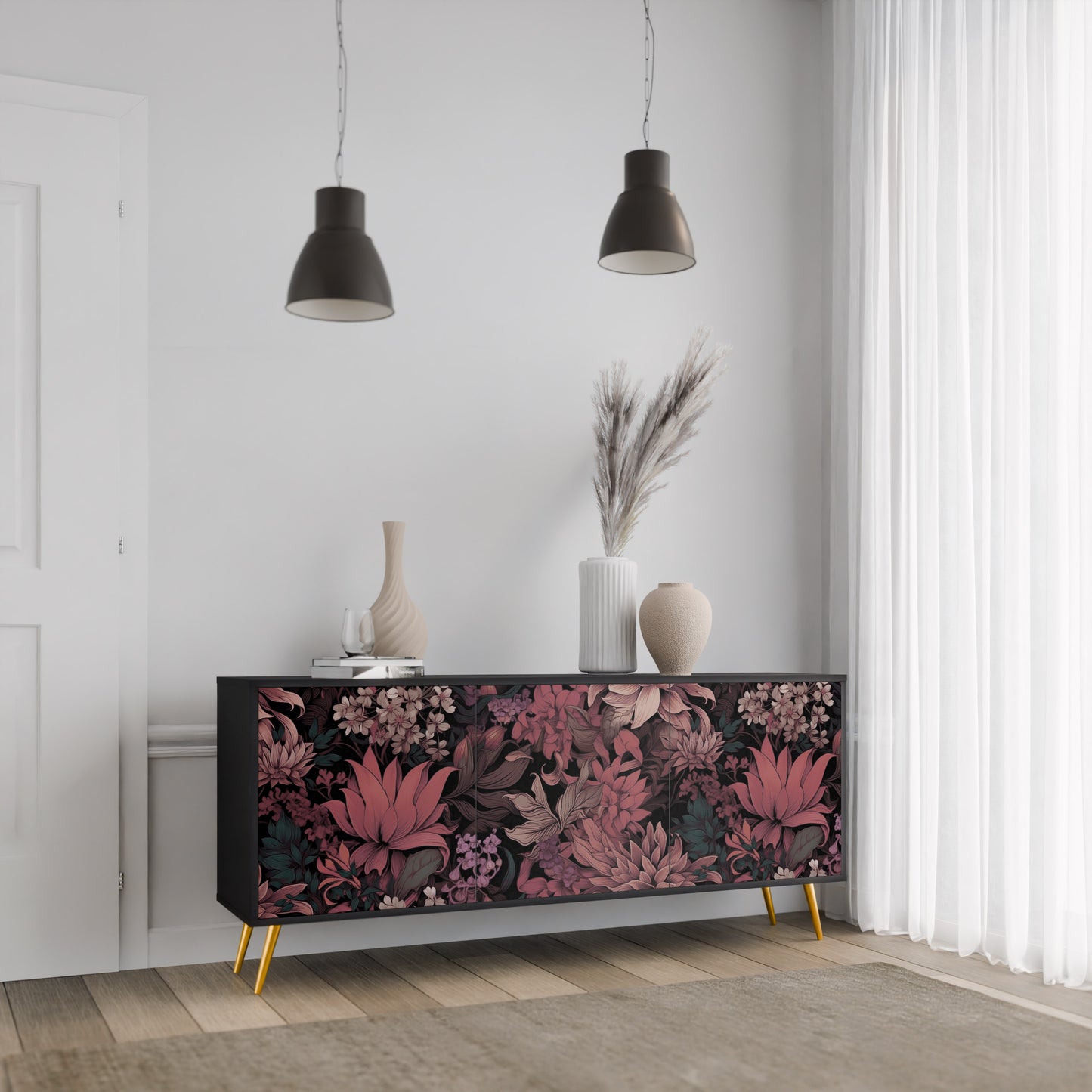 FLORAL WHISPER 3-dörrars skänk i svart finish