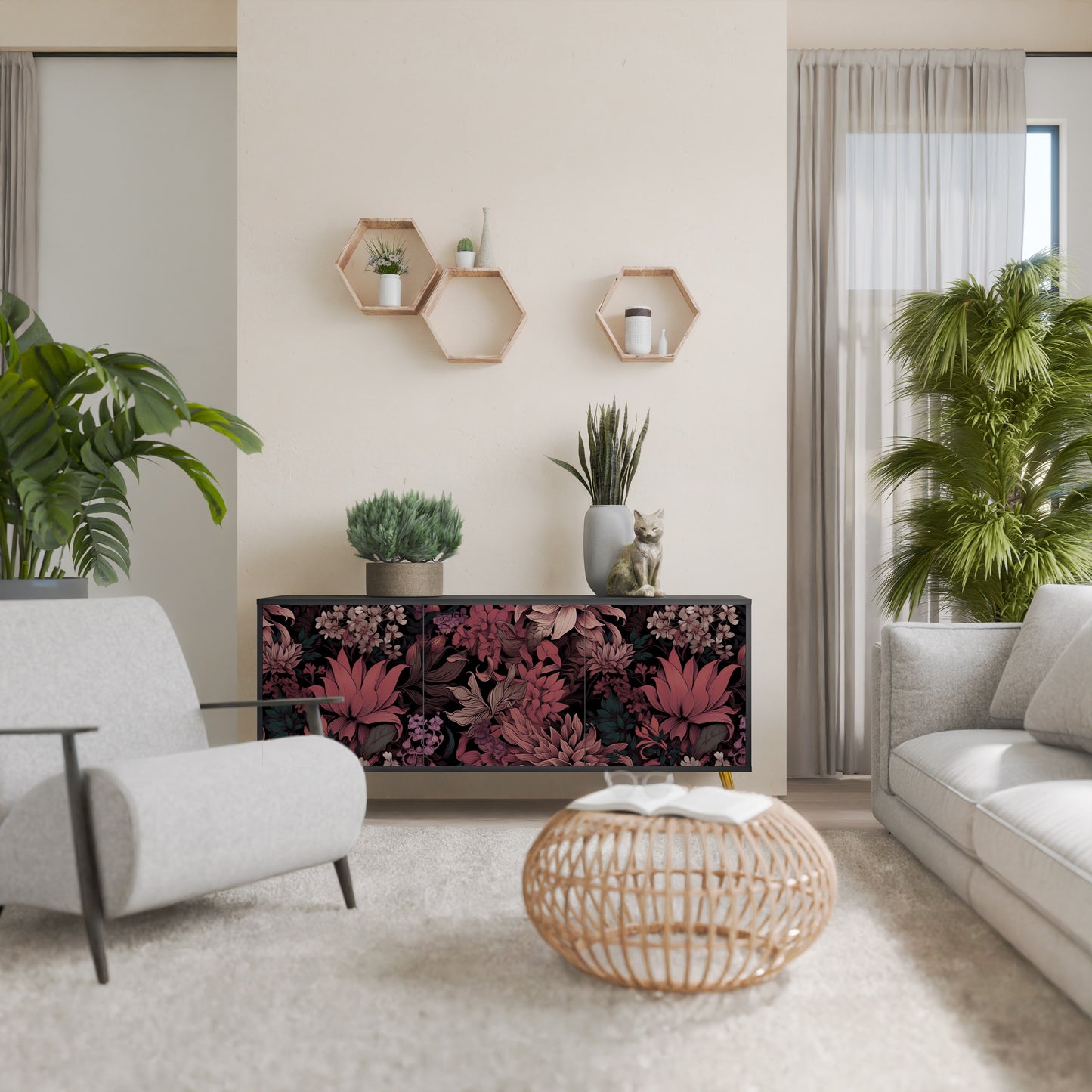FLORAL WHISPER 3-dörrars skänk i svart finish