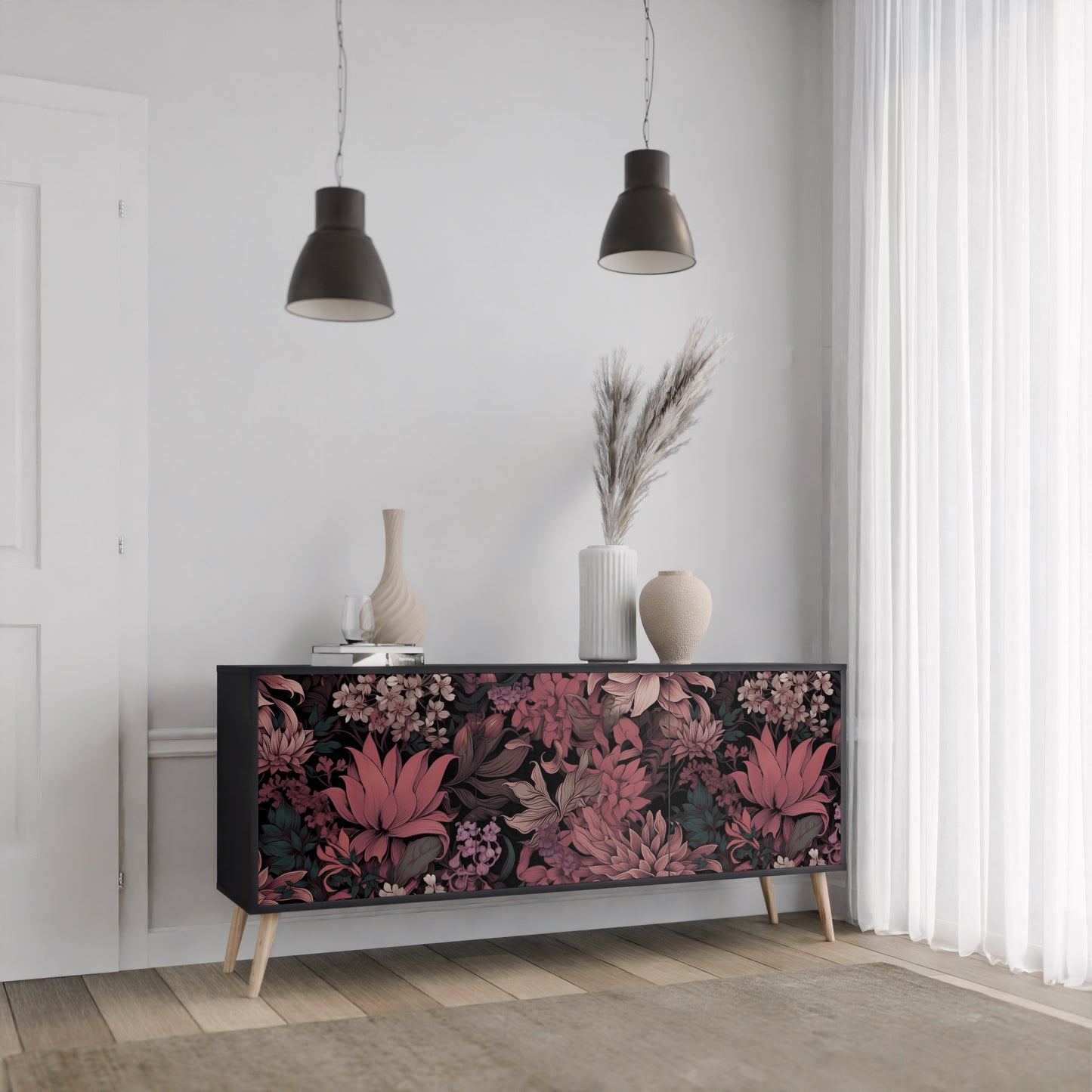 FLORAL WHISPER 3-dörrars skänk i svart finish