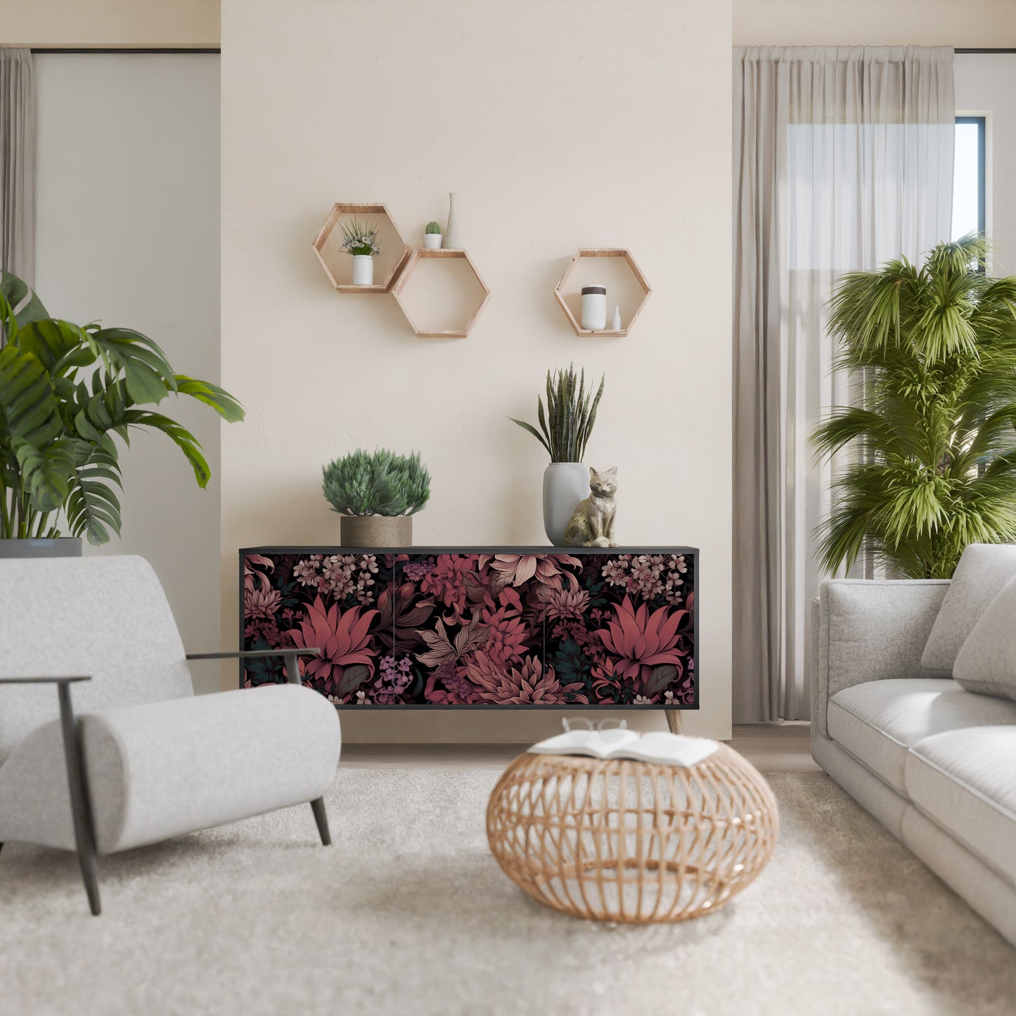 FLORAL WHISPER 3-dörrars skänk i svart finish