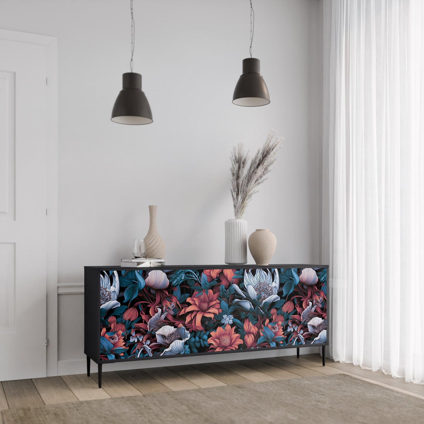 ETHEREAL BLOSSOMS 3-dörrars skänk i svart finish