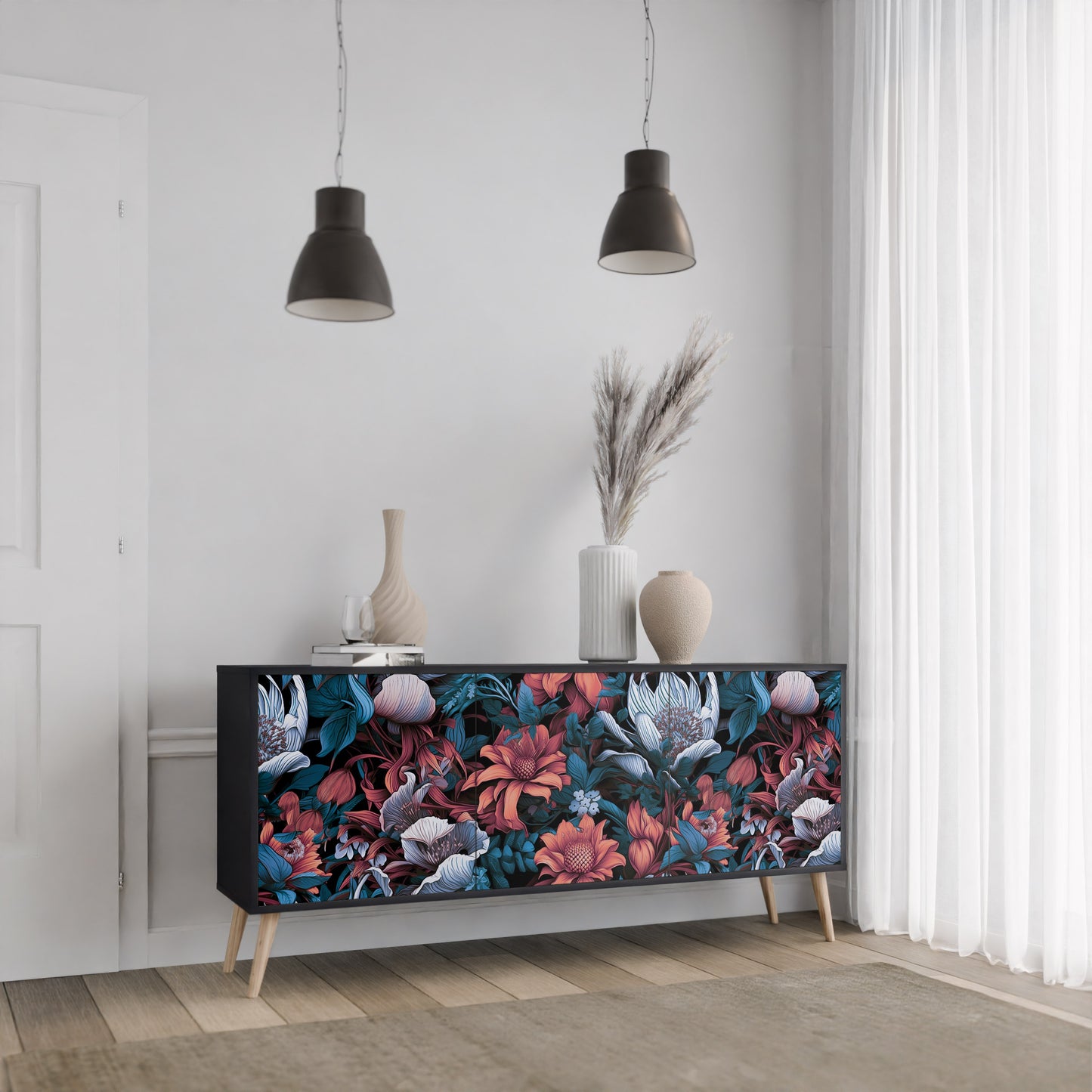 ETHEREAL BLOSSOMS 3-dörrars skänk i svart finish