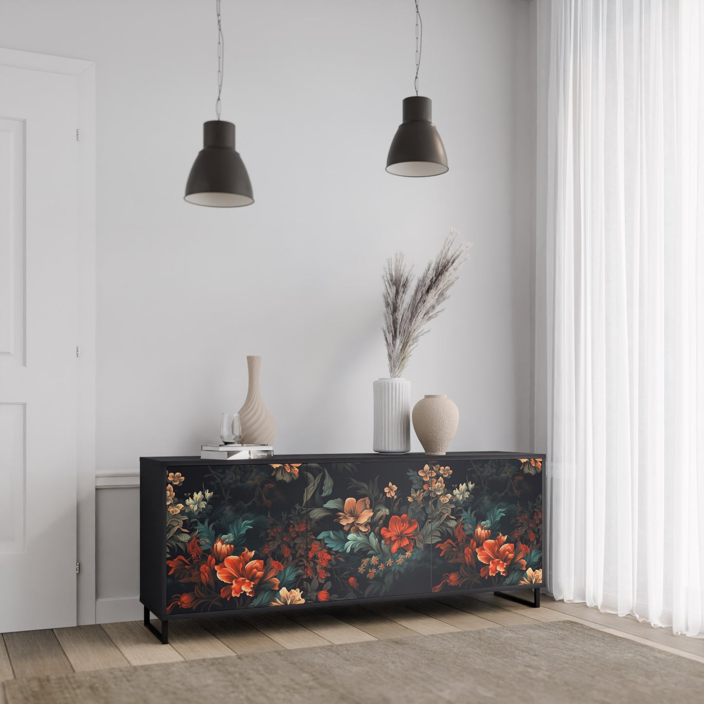 IMAGINARY BLOSSOM 3-dörrars skänk i svart finish