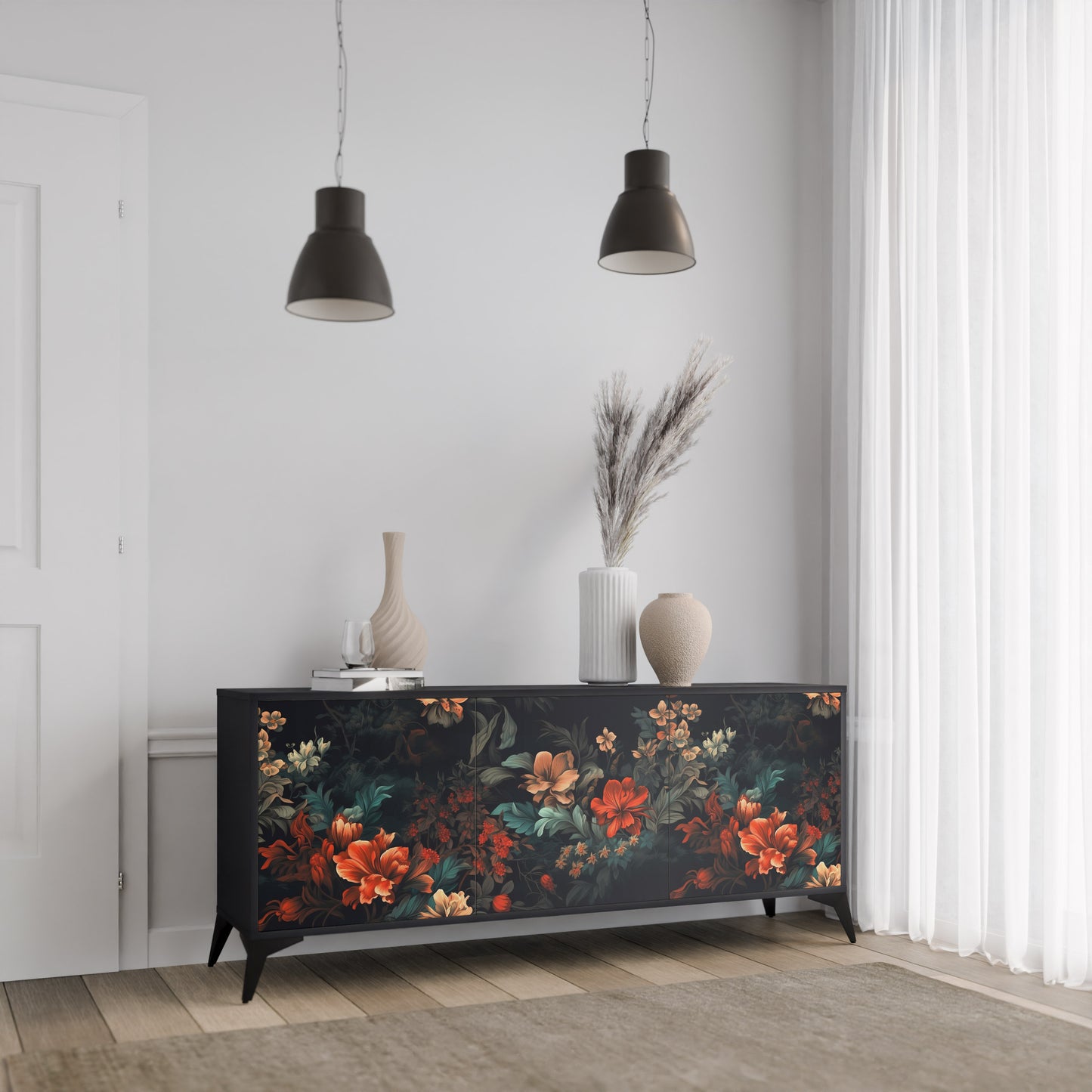 IMAGINARY BLOSSOM 3-dörrars skänk i svart finish