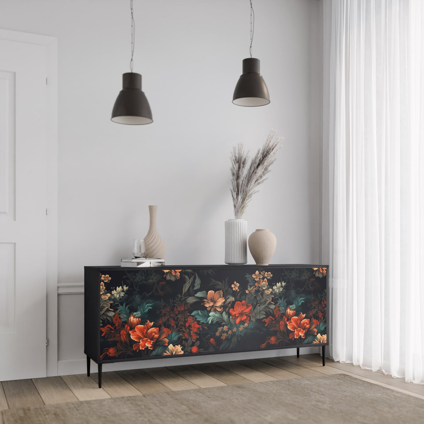 IMAGINARY BLOSSOM 3-dörrars skänk i svart finish