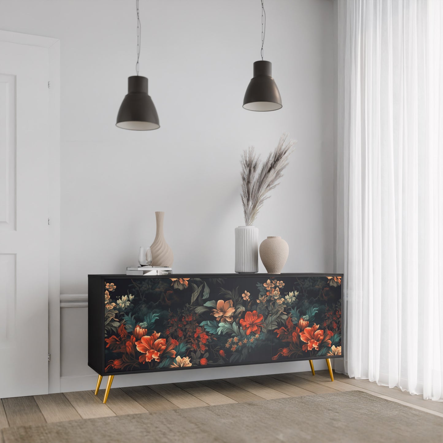IMAGINARY BLOSSOM 3-dörrars skänk i svart finish