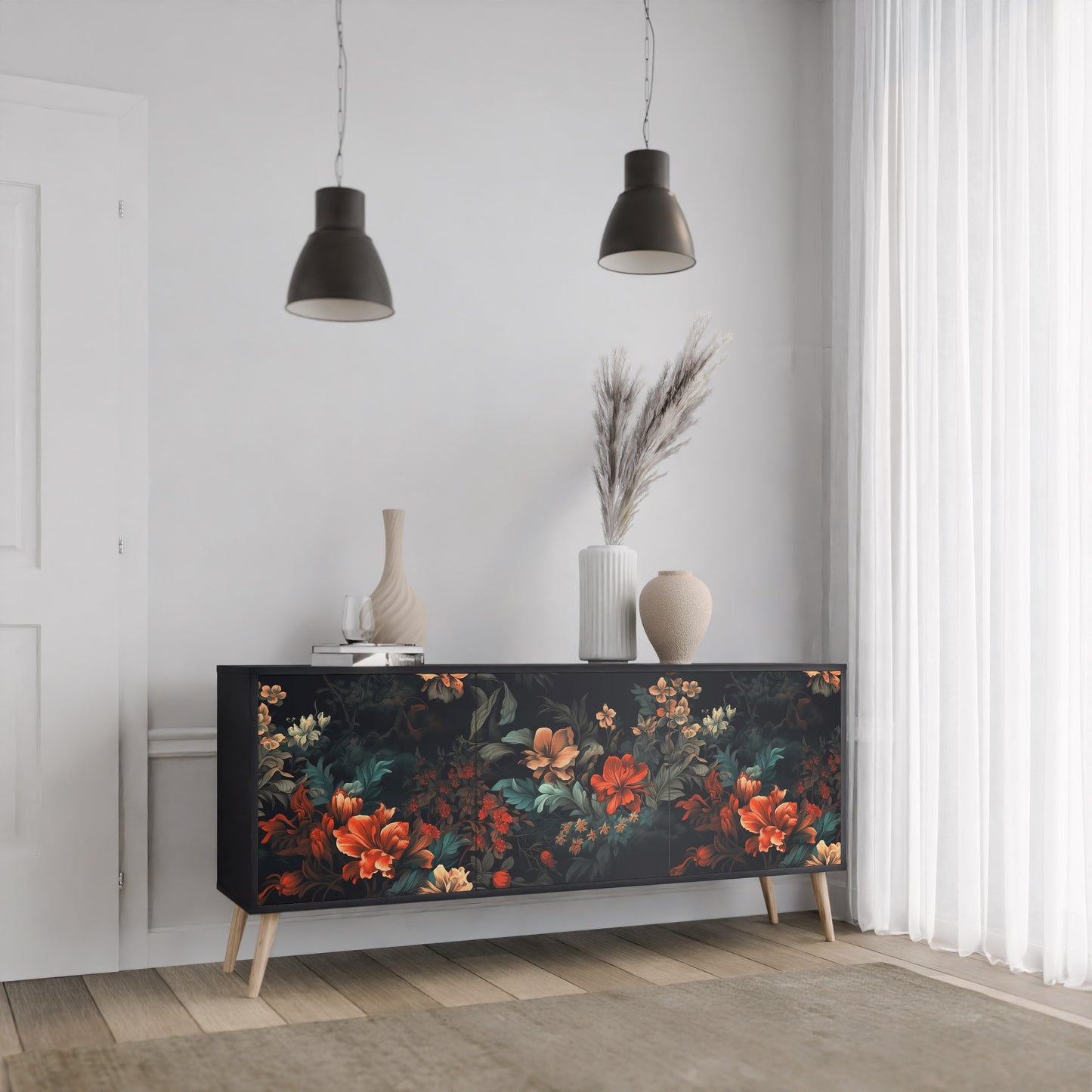 IMAGINARY BLOSSOM 3-dörrars skänk i svart finish