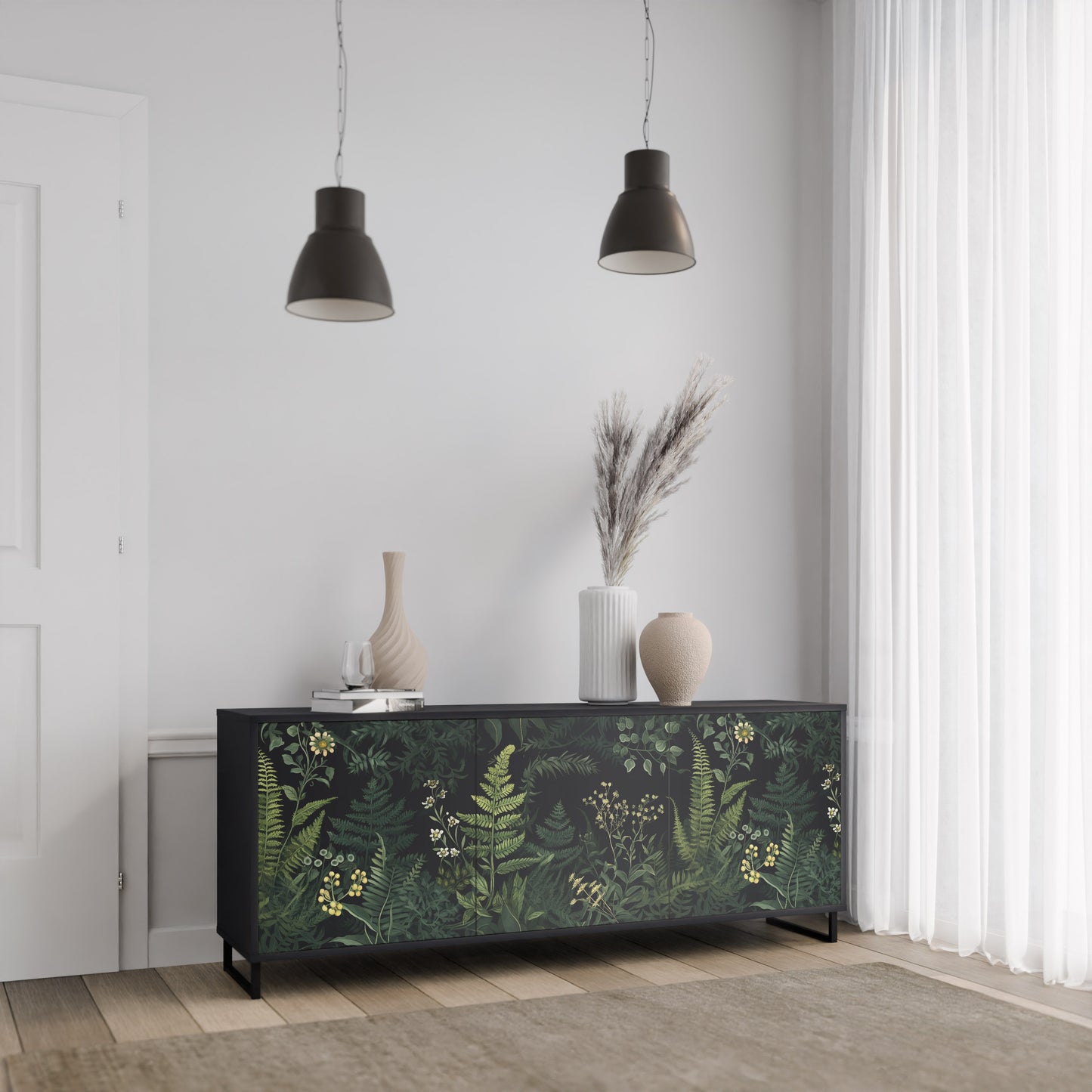 FERN FLOWERS 3-dörrars skänk i svart finish