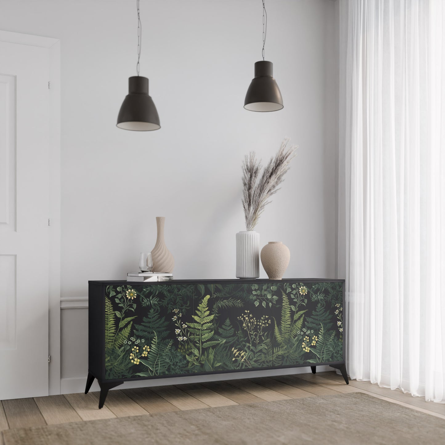 FERN FLOWERS 3-dörrars skänk i svart finish