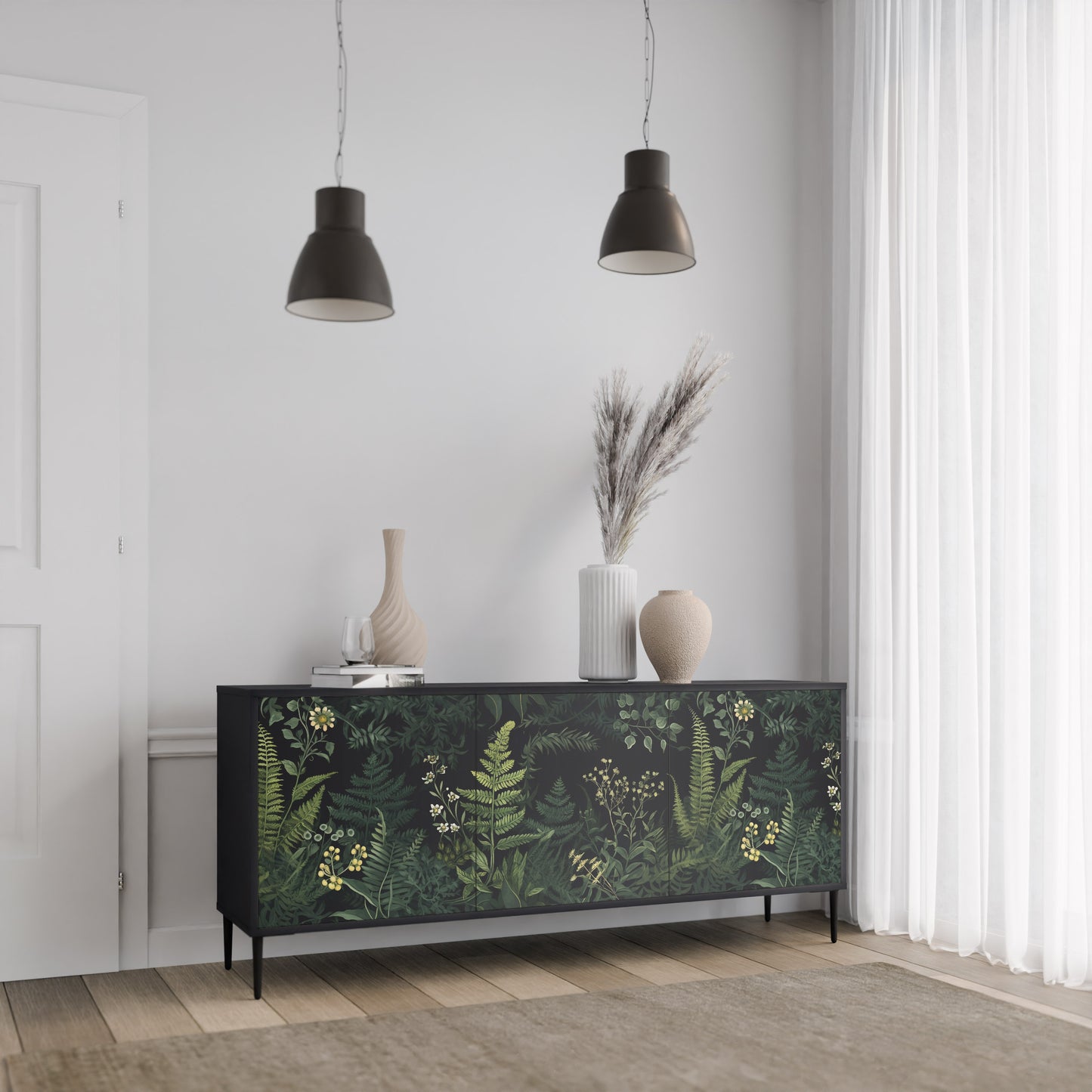 FERN FLOWERS 3-dörrars skänk i svart finish