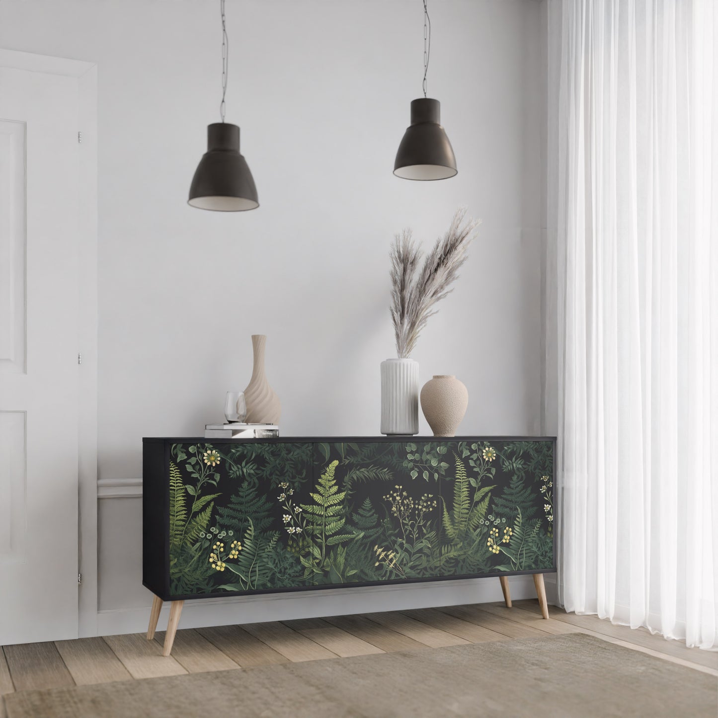 FERN FLOWERS 3-dörrars skänk i svart finish