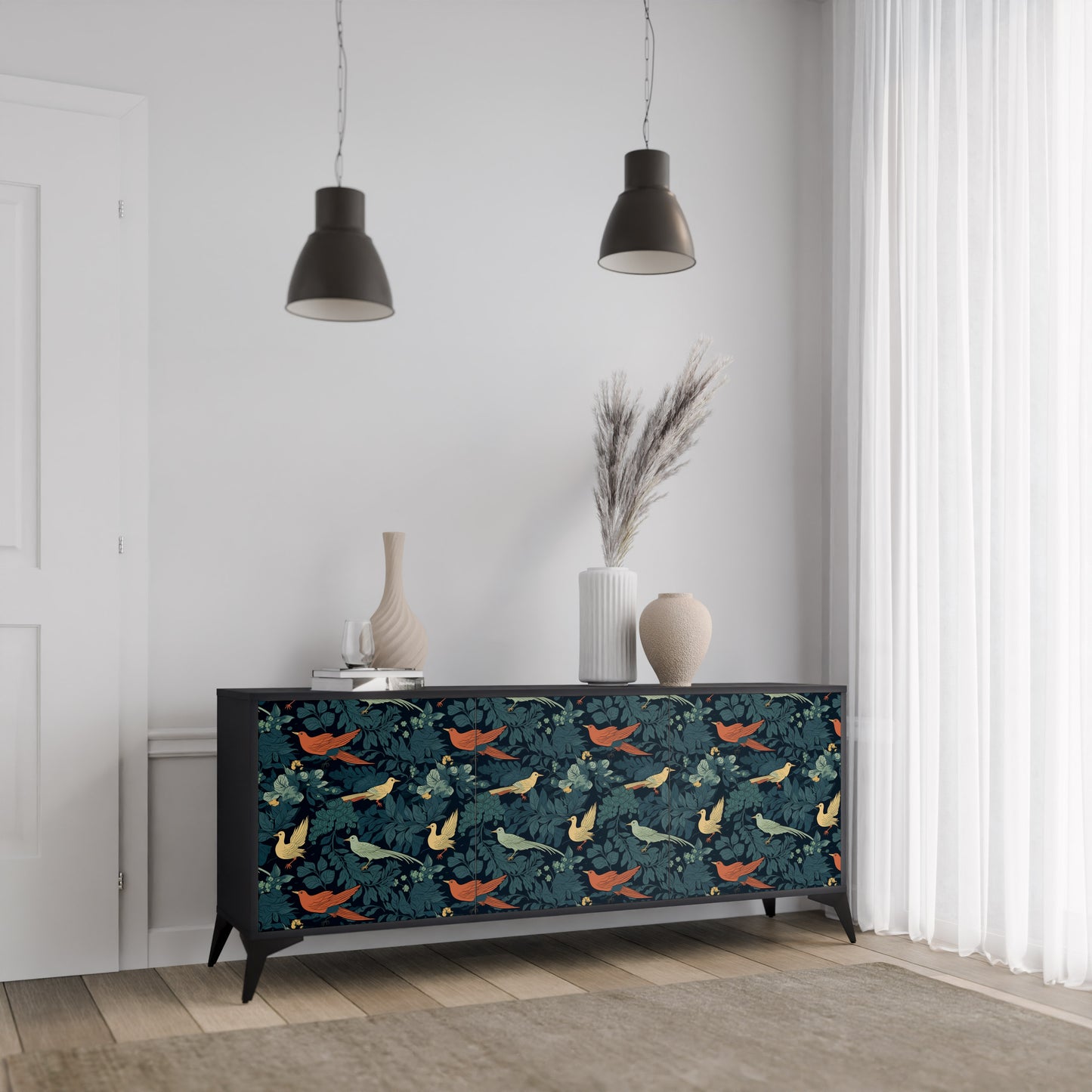 FOWL ORNAMENT 3-dörrars skänk i svart finish