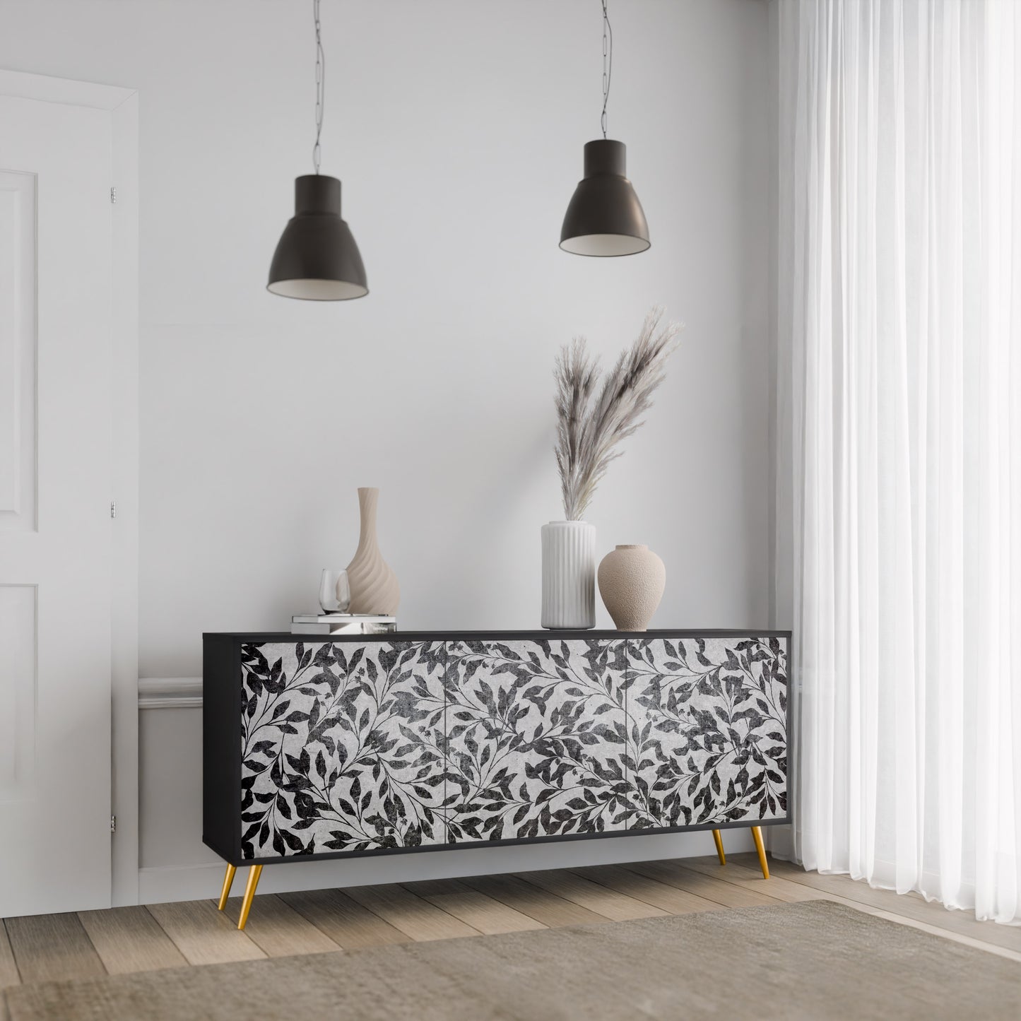 CHARCOAL SPROUT 3-dörrars skänk i svart finish