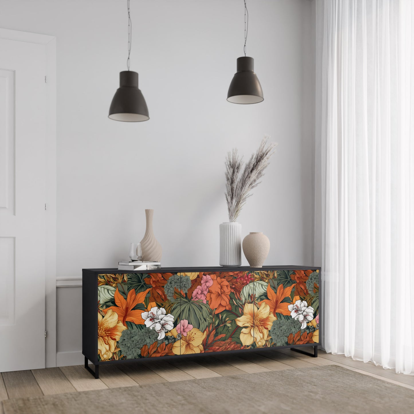 RADIANT FLORA 3-dörrars skänk i svart finish