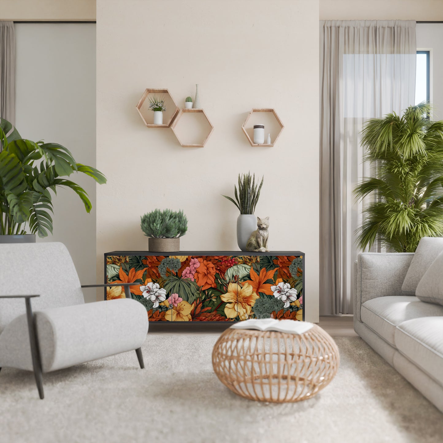RADIANT FLORA 3-dörrars skänk i svart finish