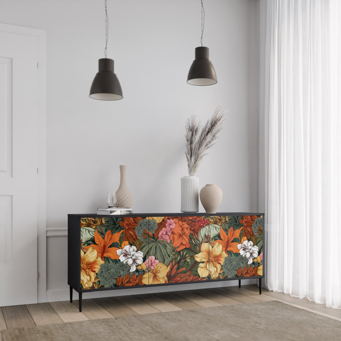 RADIANT FLORA 3-dörrars skänk i svart finish