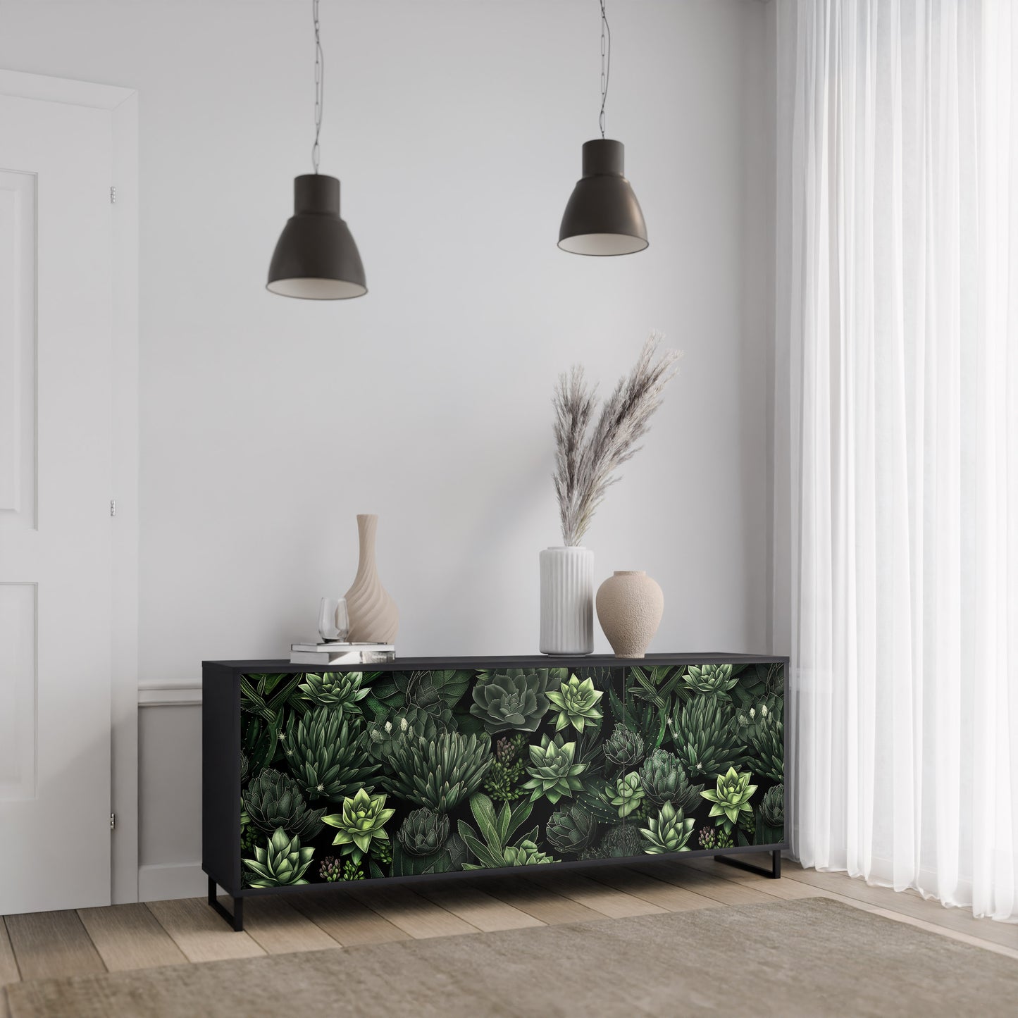 SUCCULENT JUNGLE 3-dörrars skänk i svart finish