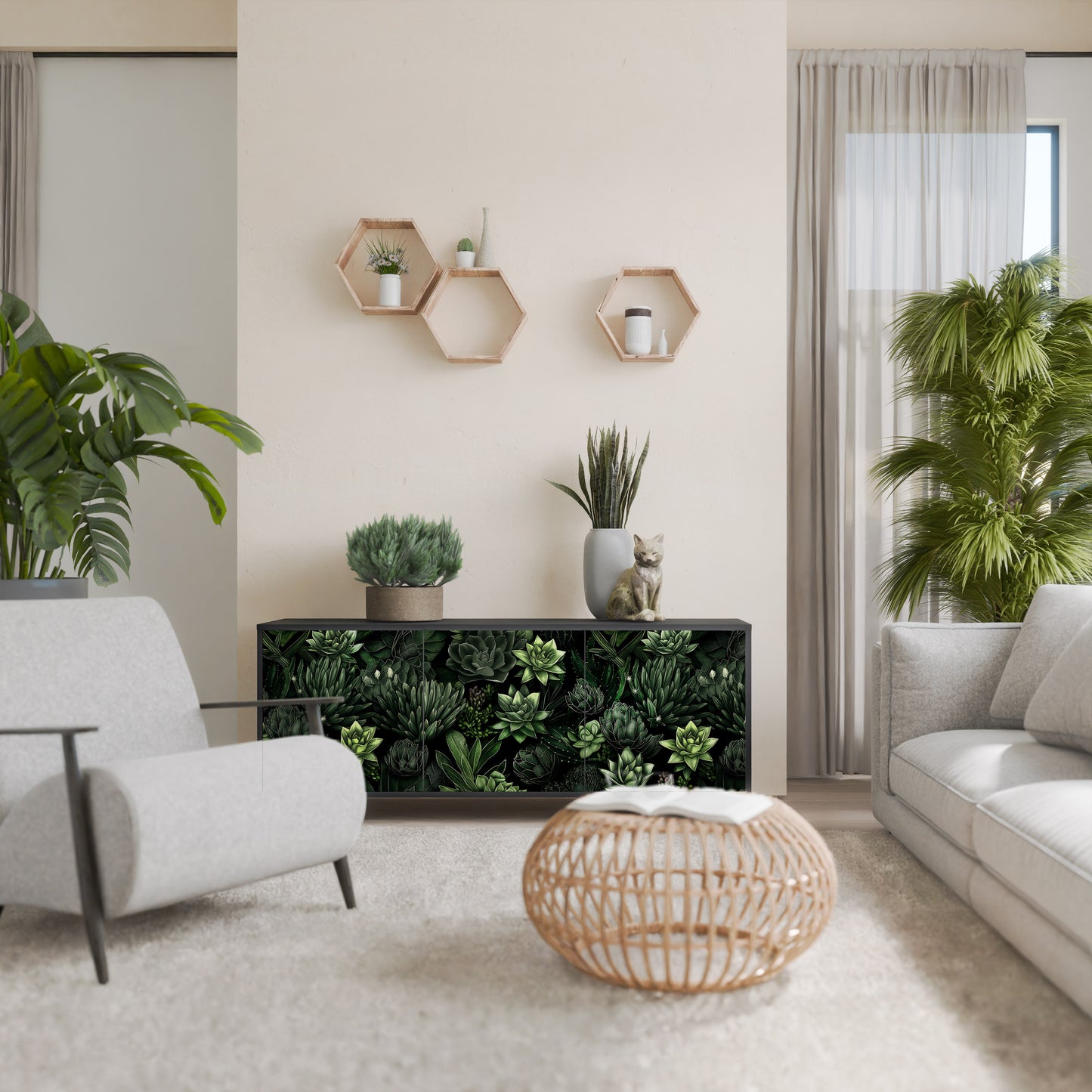 SUCCULENT JUNGLE 3-dörrars skänk i svart finish