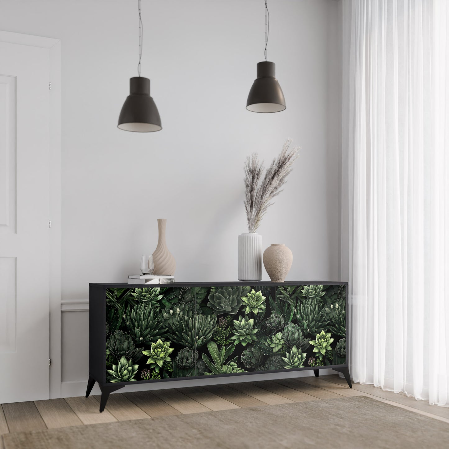 SUCCULENT JUNGLE 3-dörrars skänk i svart finish