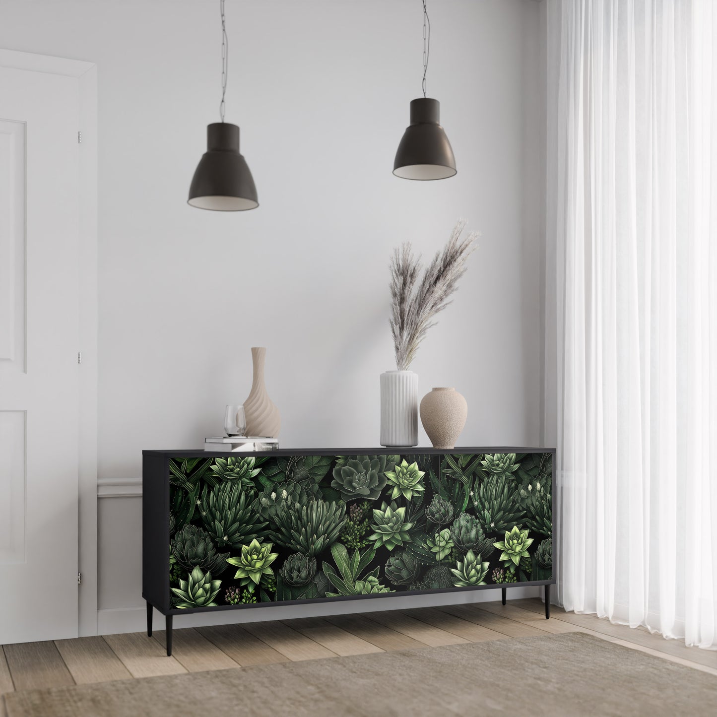 SUCCULENT JUNGLE 3-dörrars skänk i svart finish