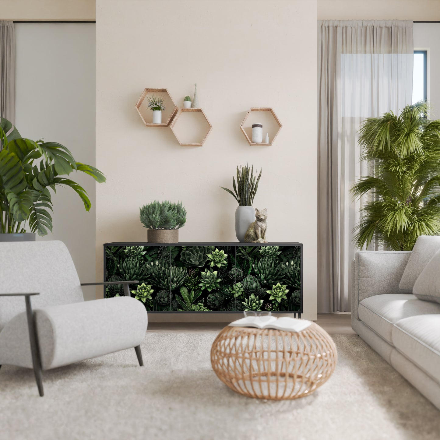 SUCCULENT JUNGLE 3-dörrars skänk i svart finish