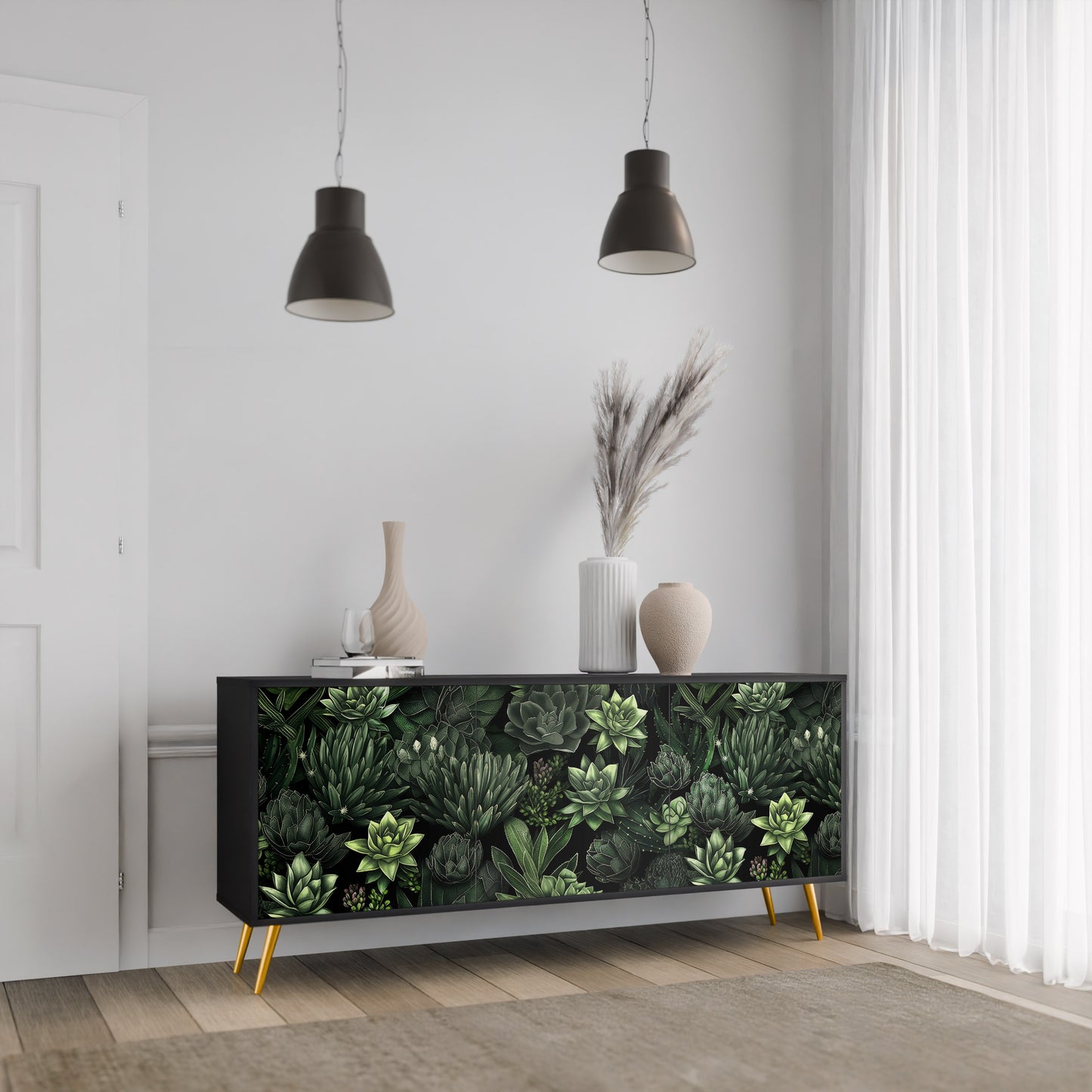 SUCCULENT JUNGLE 3-dörrars skänk i svart finish