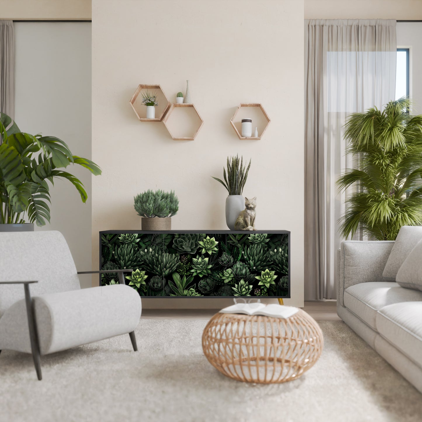 SUCCULENT JUNGLE 3-dörrars skänk i svart finish
