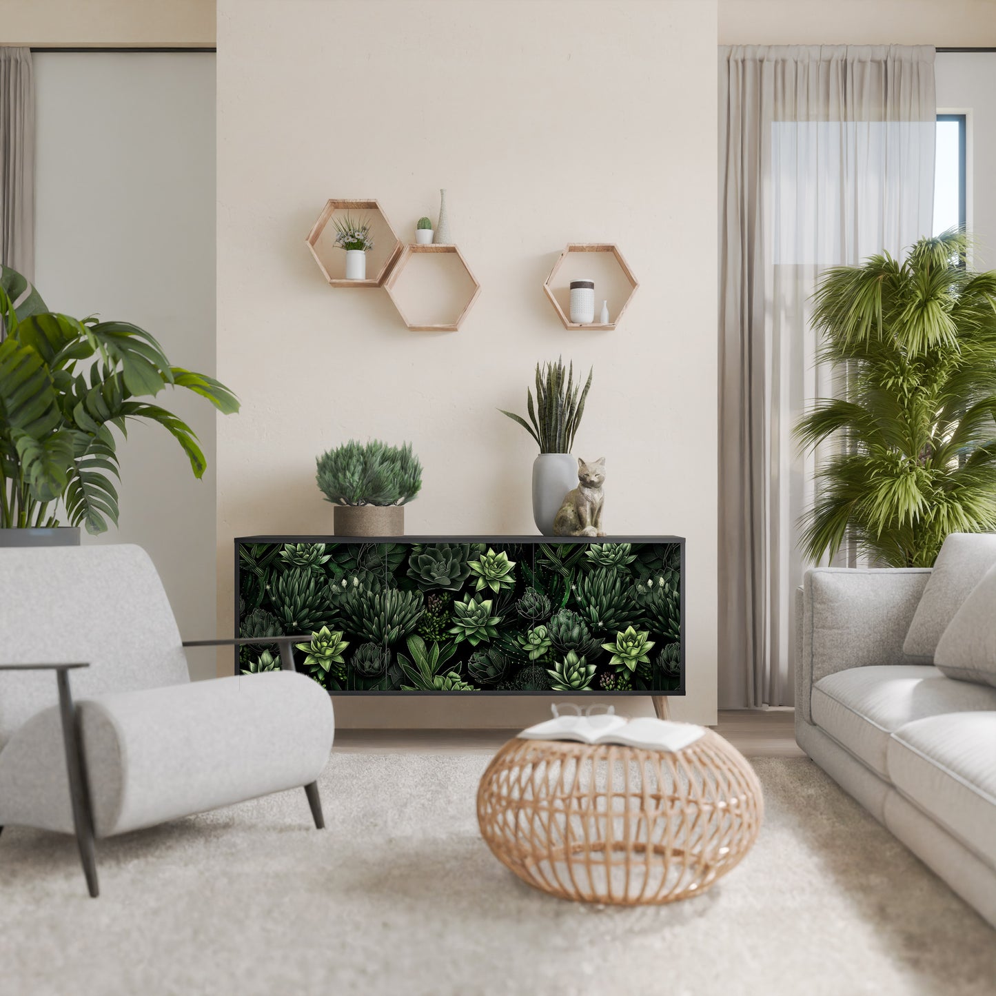 SUCCULENT JUNGLE 3-dörrars skänk i svart finish