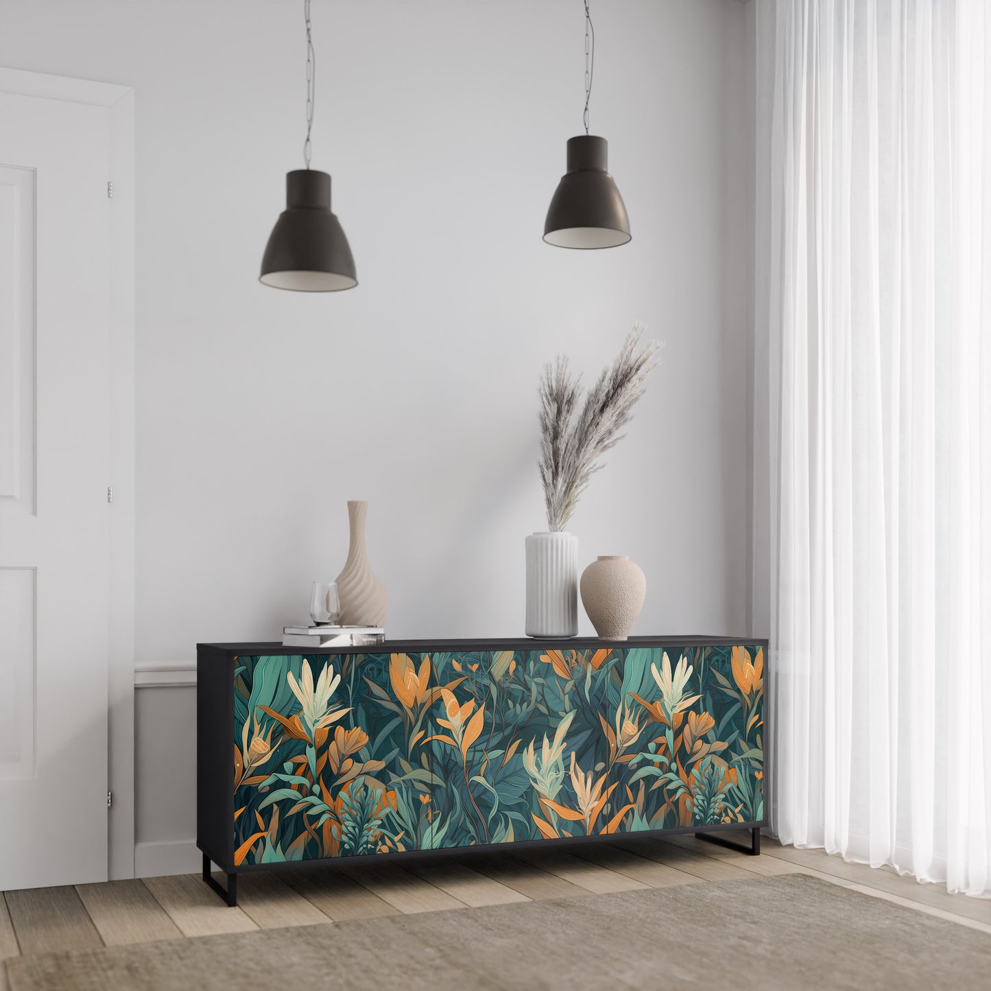 FLORAL SERENITY 3-dörrars skänk i svart finish