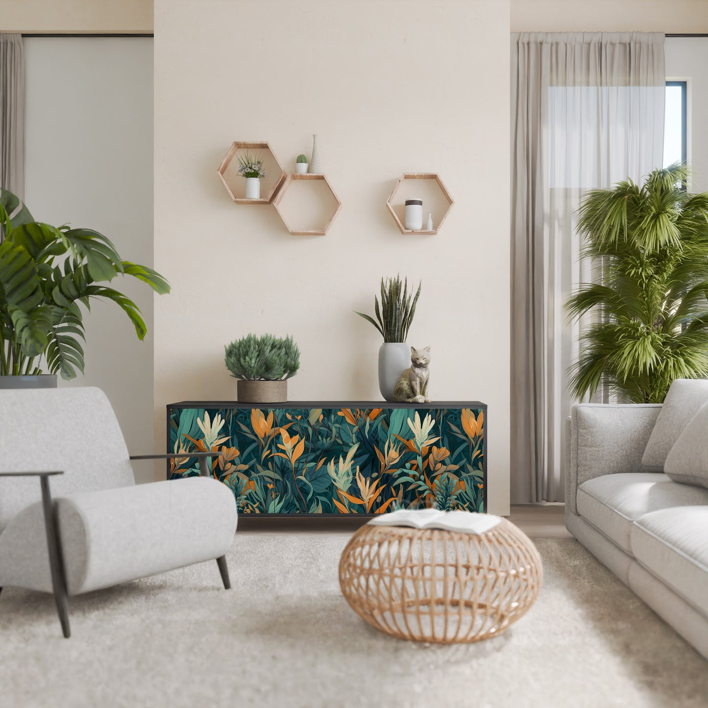 FLORAL SERENITY 3-dörrars skänk i svart finish