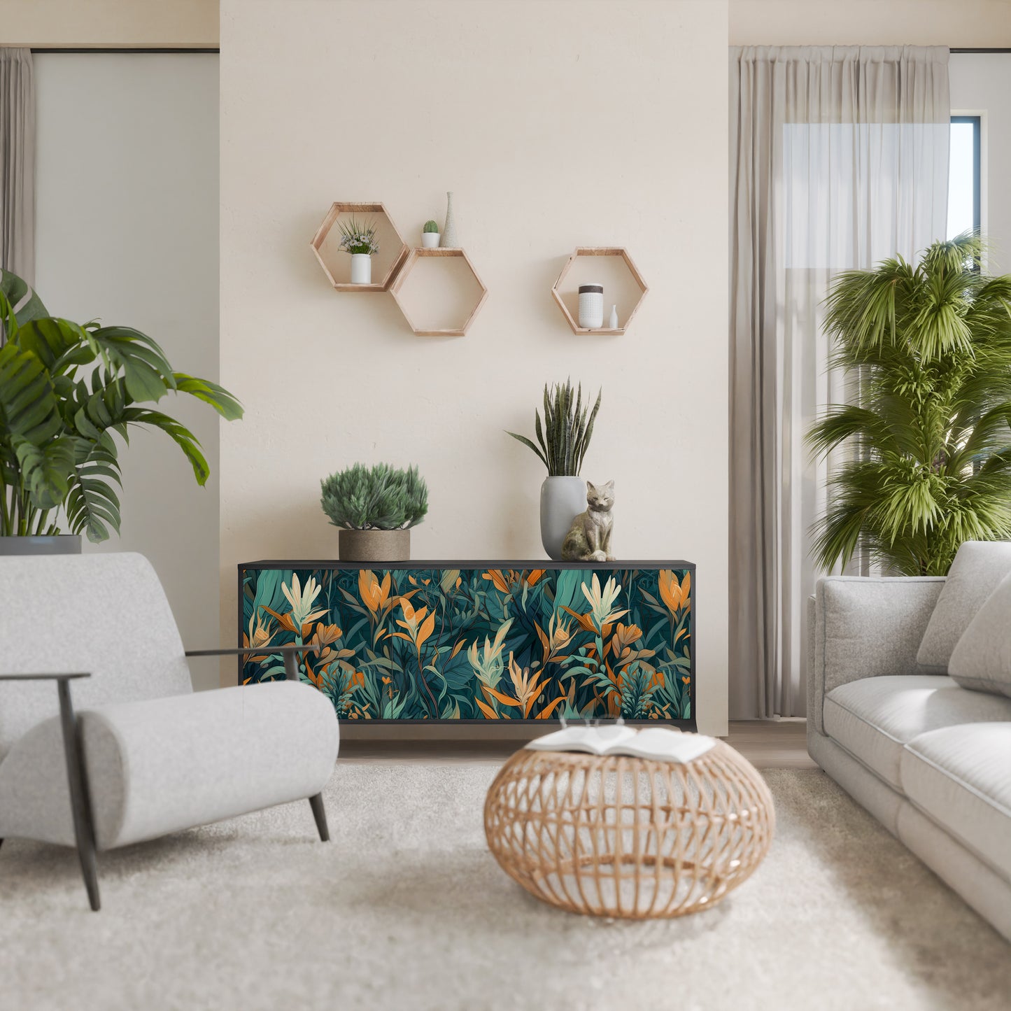 FLORAL SERENITY 3-dörrars skänk i svart finish