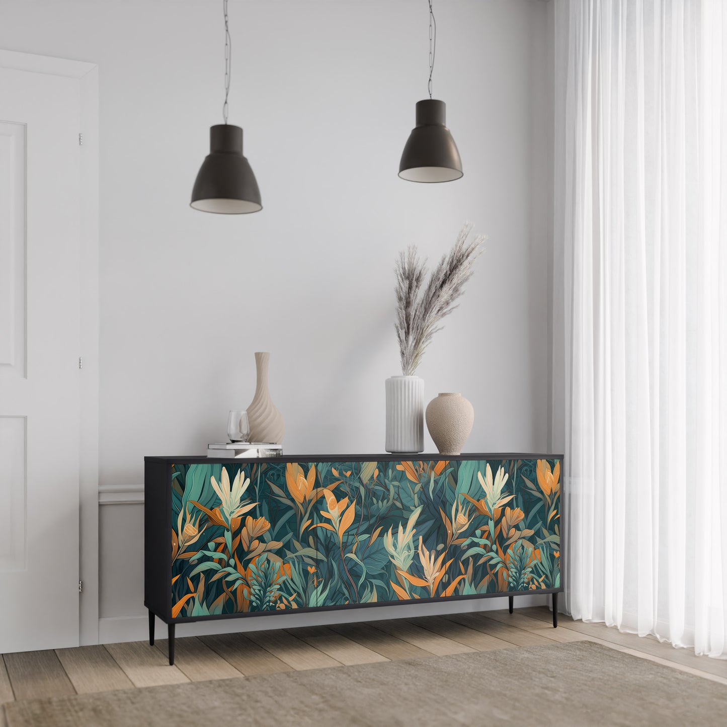 FLORAL SERENITY 3-dörrars skänk i svart finish