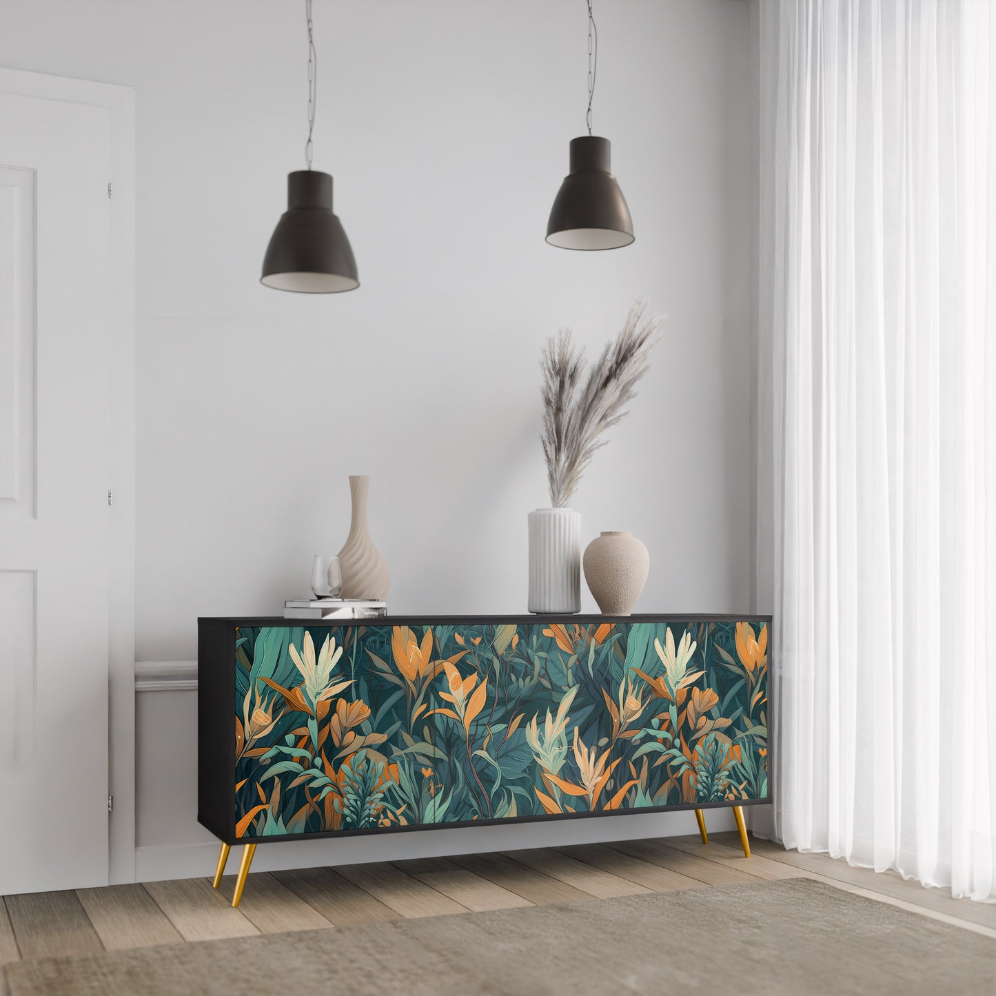 FLORAL SERENITY 3-dörrars skänk i svart finish