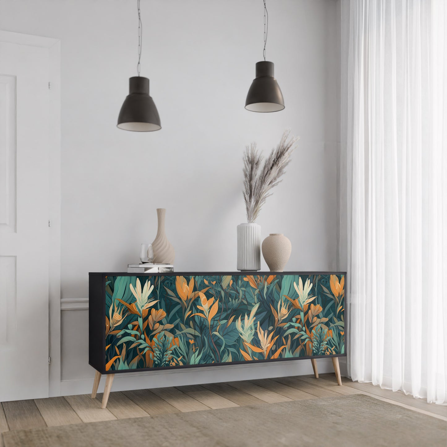 FLORAL SERENITY 3-dörrars skänk i svart finish