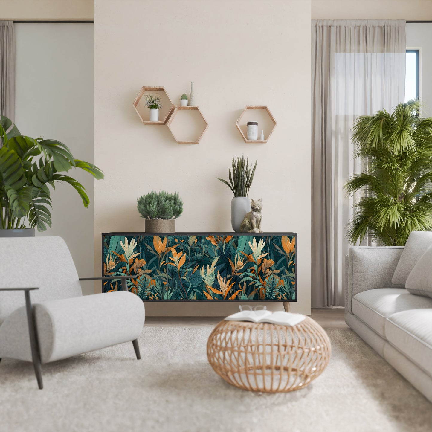 FLORAL SERENITY 3-dörrars skänk i svart finish