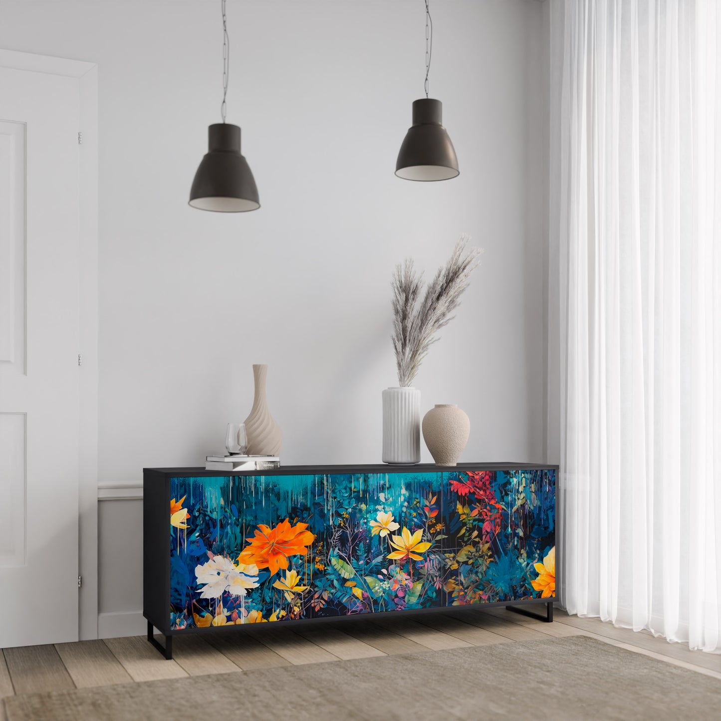 MIDNIGHT BLOSSOM 3-dörrars skänk i svart finish