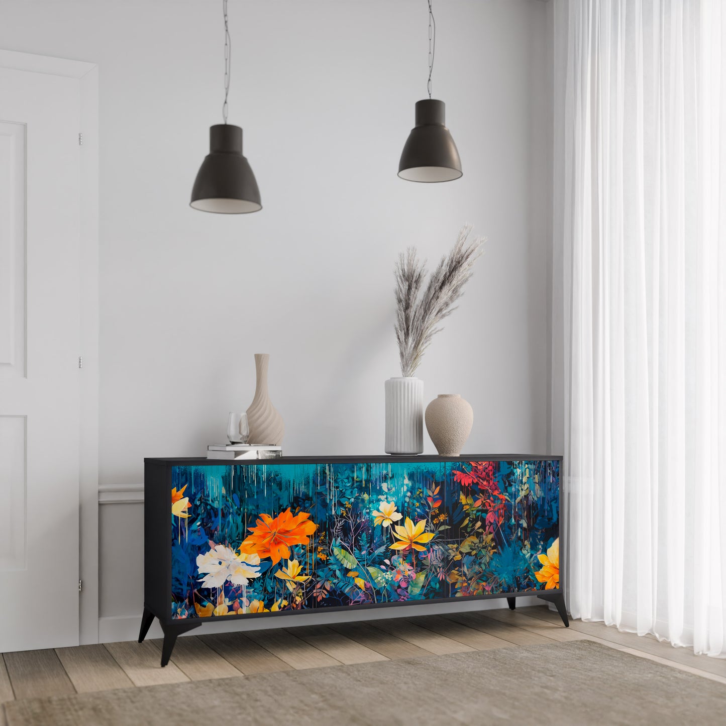 MIDNIGHT BLOSSOM 3-dörrars skänk i svart finish