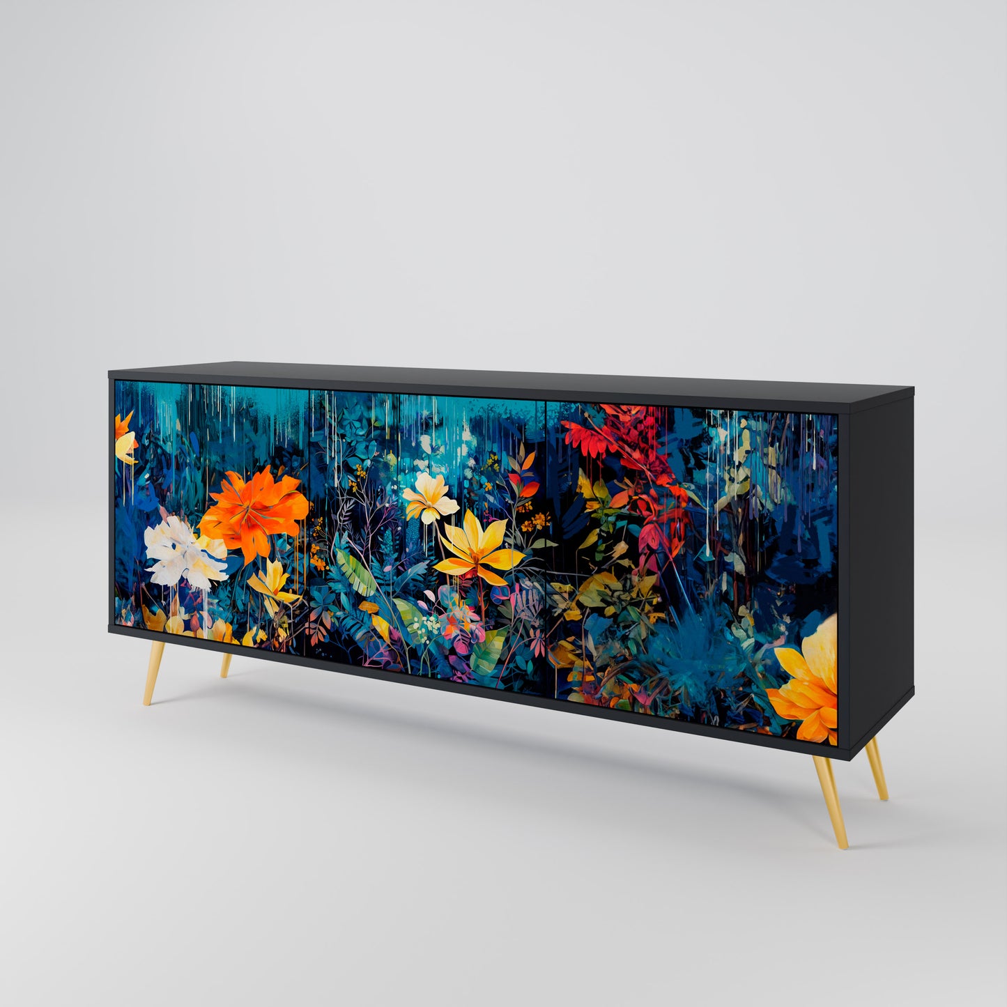 MIDNIGHT BLOSSOM 3-dörrars skänk i svart finish