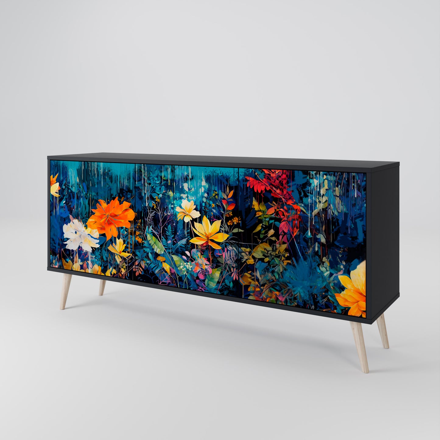 MIDNIGHT BLOSSOM 3-dörrars skänk i svart finish