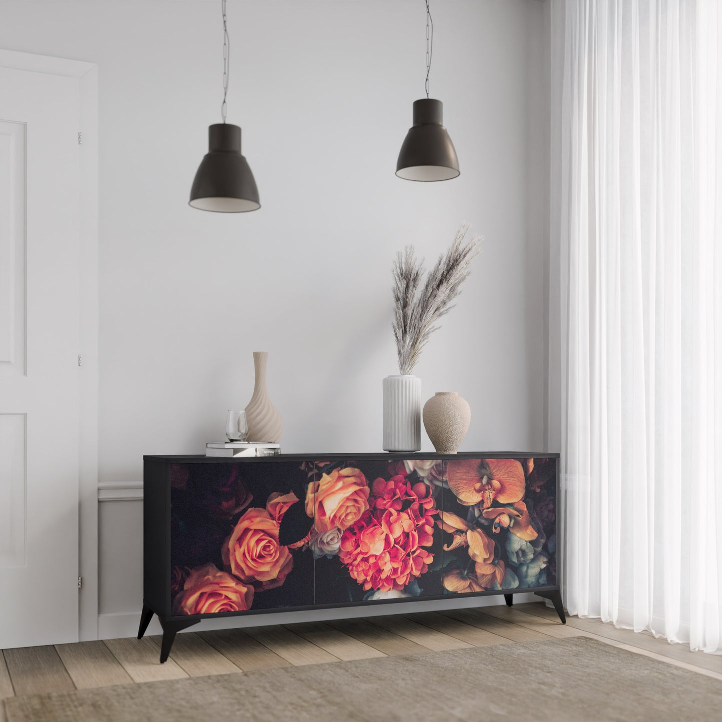 NEVERENDING BLOOM 3-dörrars skänk i svart finish