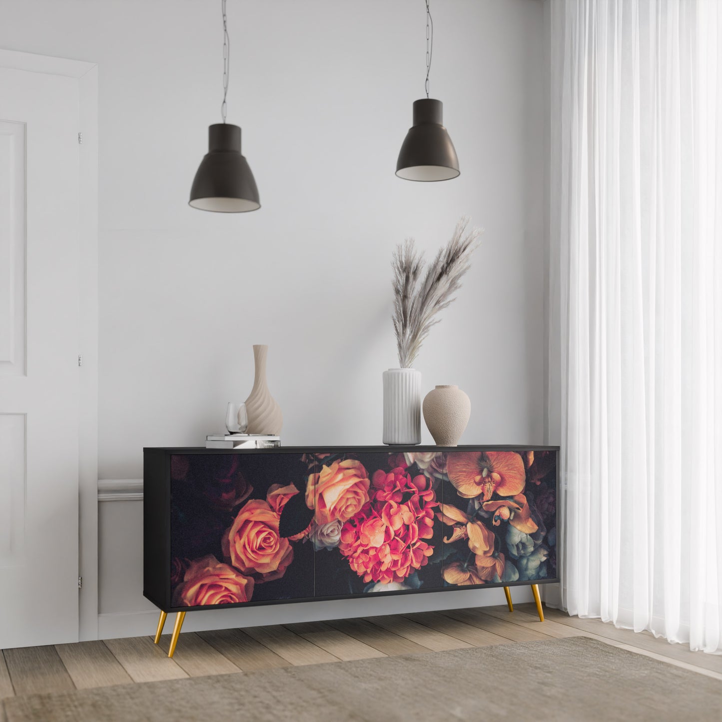 NEVERENDING BLOOM 3-dörrars skänk i svart finish