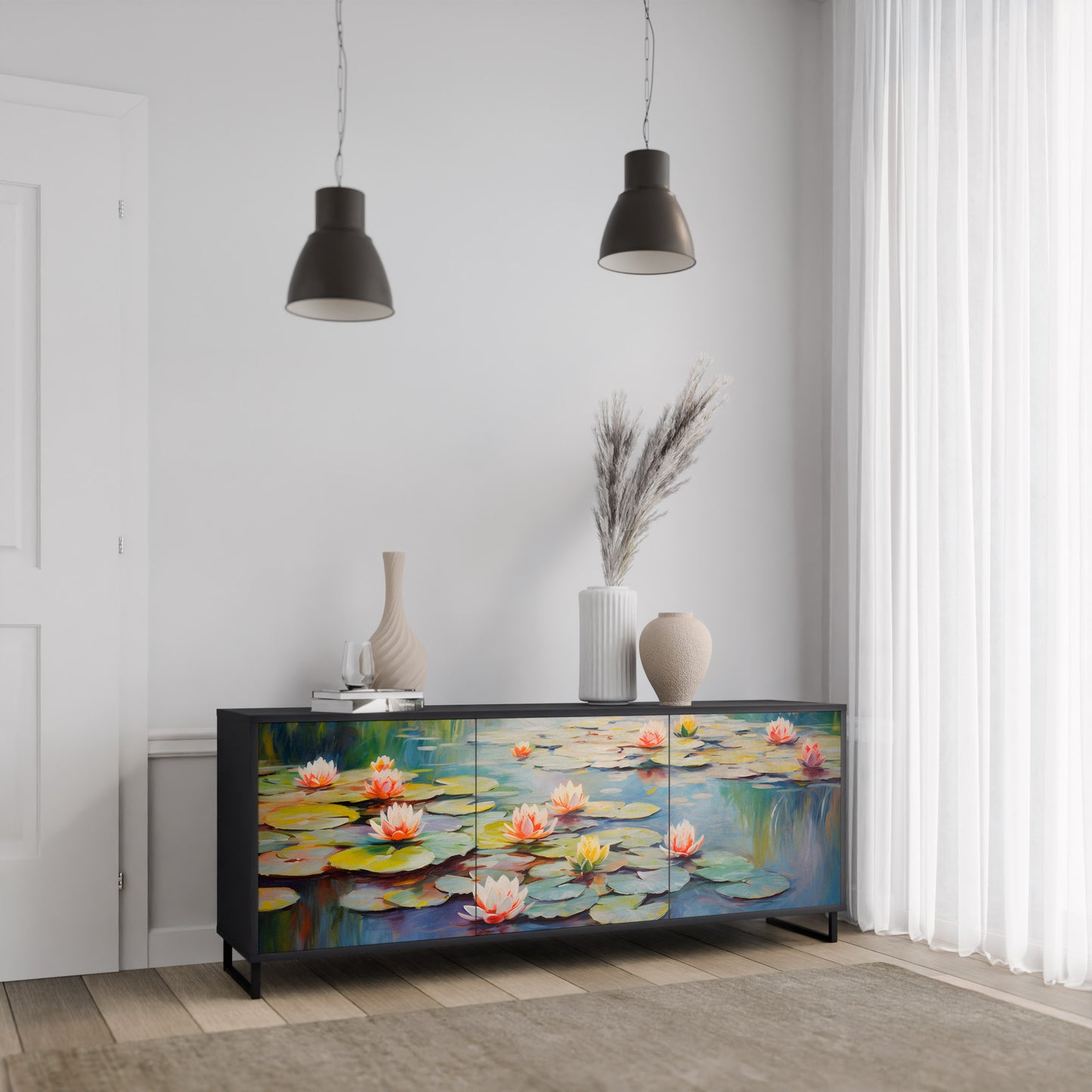 BLOOMING WATERS 3-dörrars skänk i svart finish