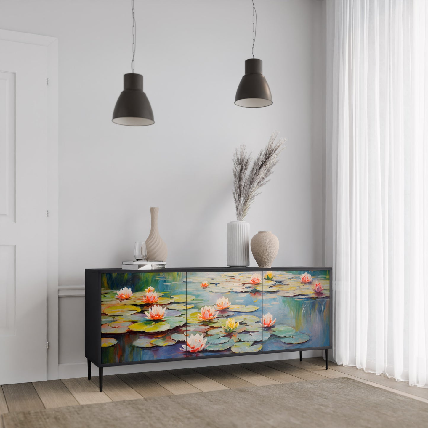 BLOOMING WATERS 3-dörrars skänk i svart finish