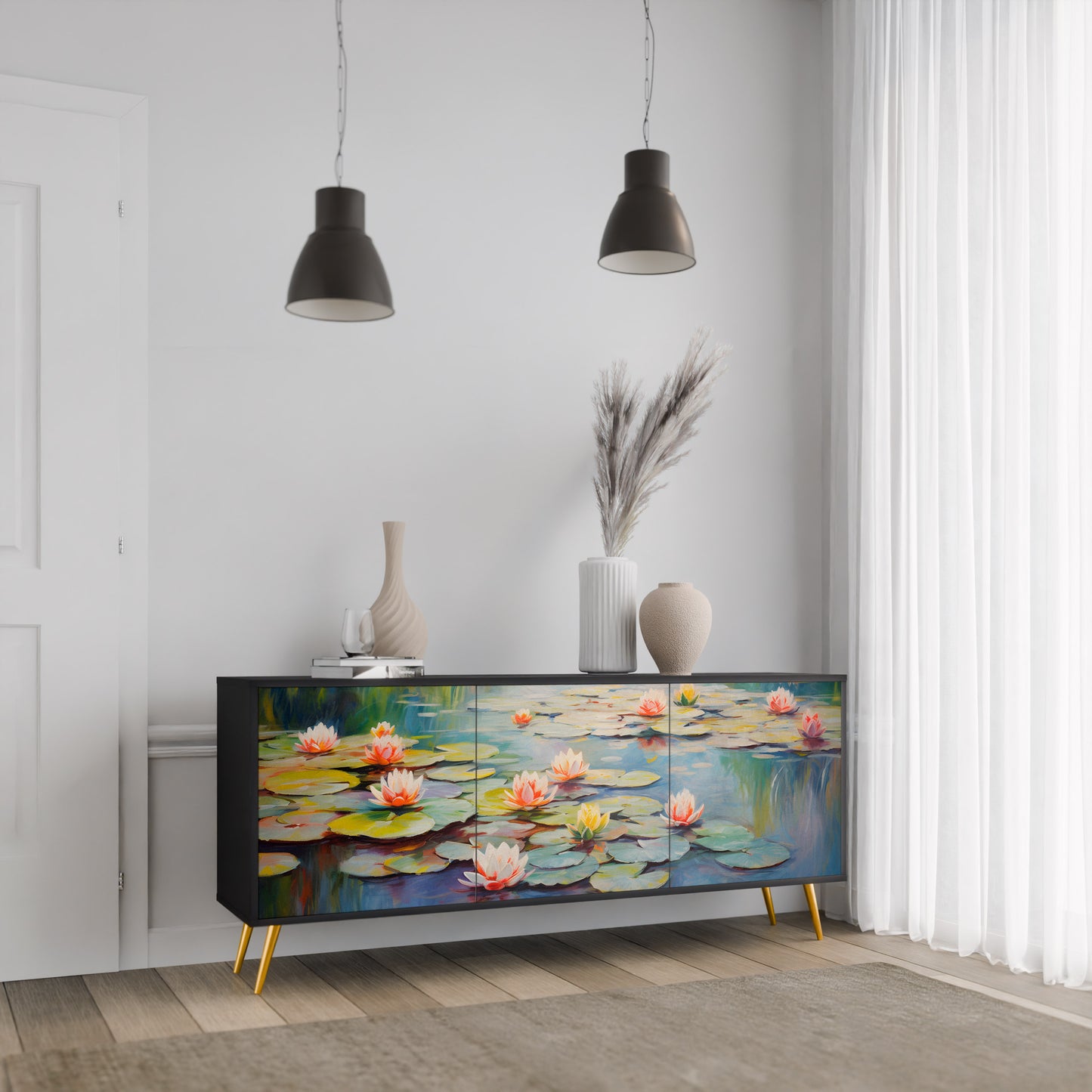 BLOOMING WATERS 3-dörrars skänk i svart finish